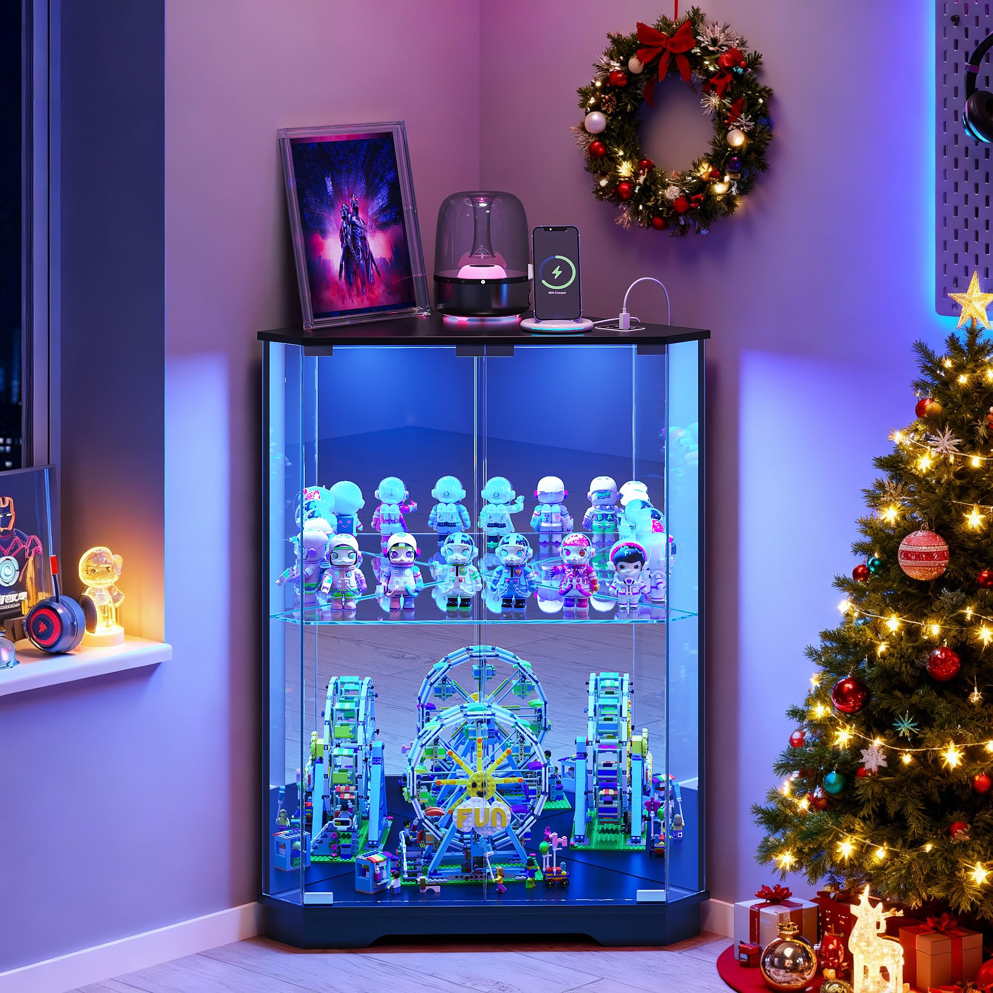 Dystler Corner Display Cabinet with Glass Doors, Small Display Case with 3-Color LED Lights and Charging Station, 2-Tier Curio Cabinet with Storage