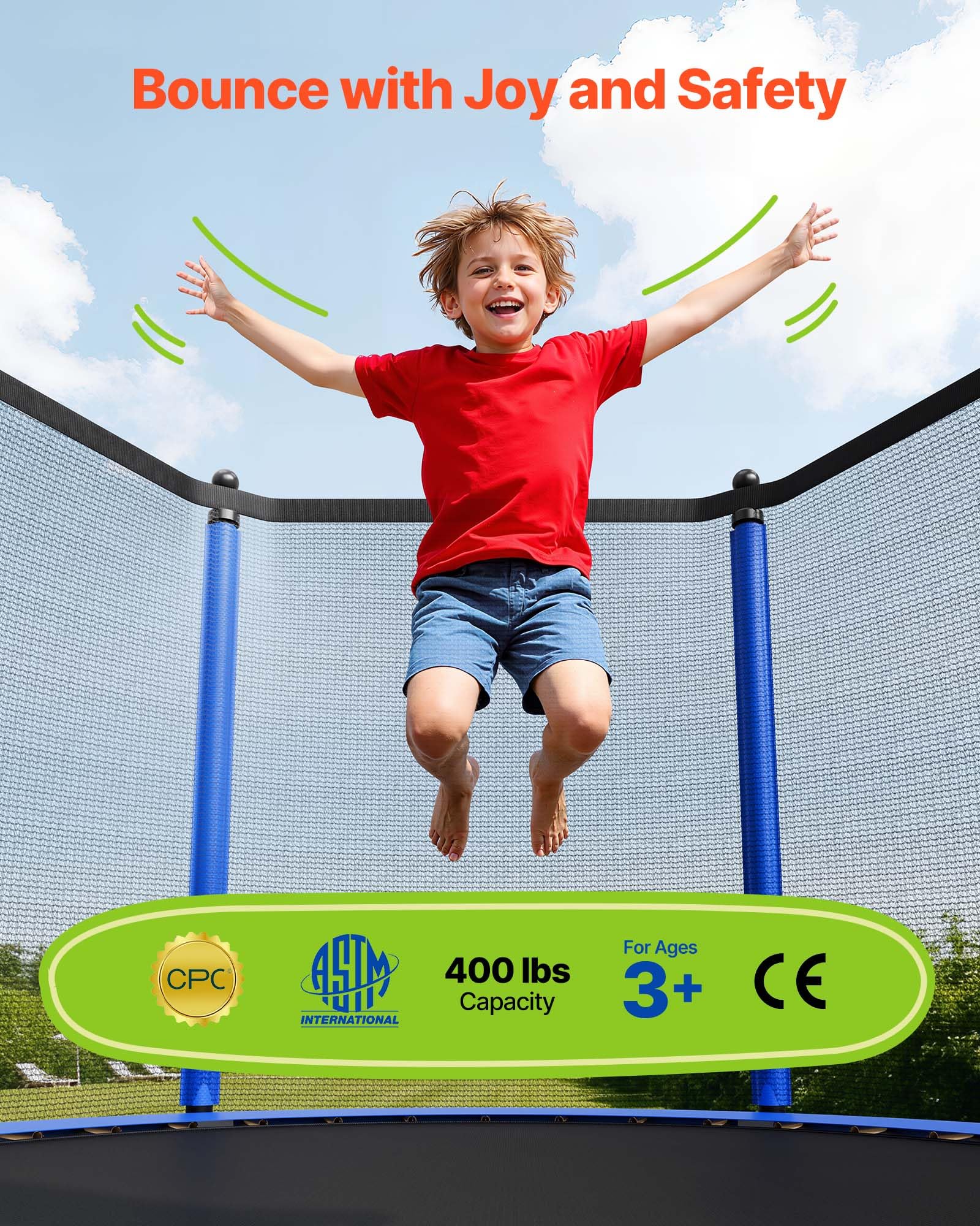 VEVOR Trampolín de Exterior 366 x 256 cm, Cama Elástica Infantil con Red de Protección, Capacidad Máxima de 181 kg, Trampolín al Aire Libre con Postes Rectos, Regalo de Cumpleaños para Niños