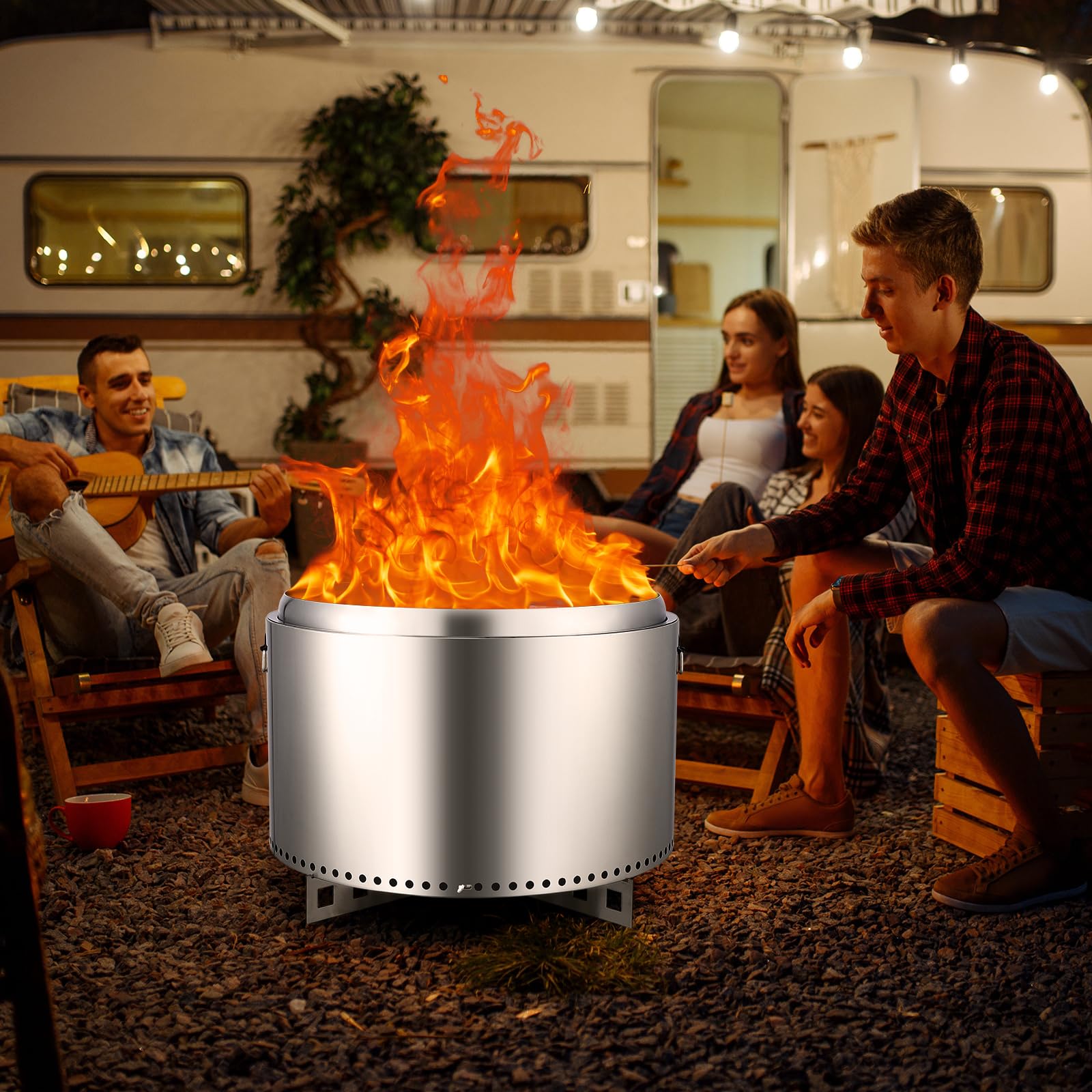 Brasero Exterior sin Humo con Interruptor de Aire, 68.5 cm (27 Pulgadas), de Acero Inoxidable, con Soporte Desmontable y cenicero. Ideal para fogatas, picnics y Otras Actividades al Aire Libre como a