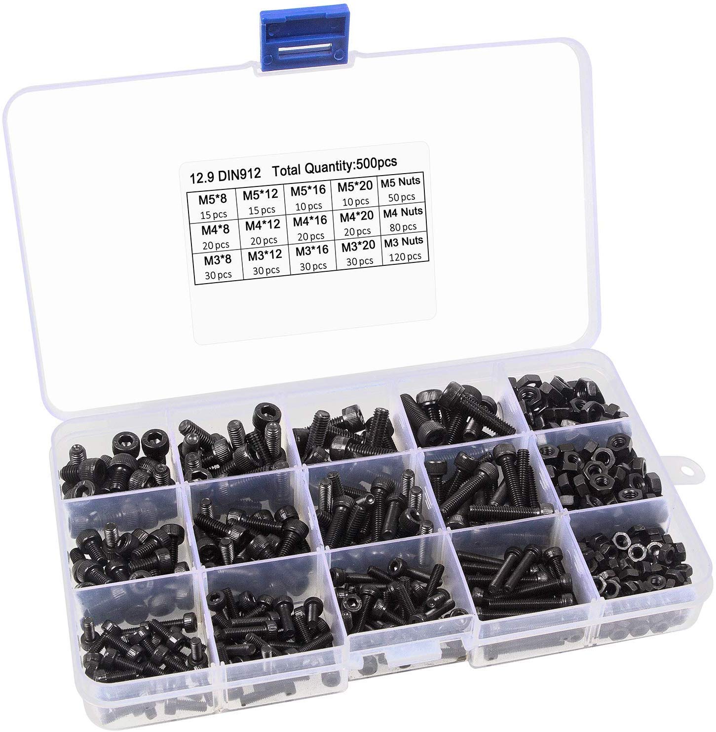 REES52 500pcs Hex Socket Head Cap Screws Bolts and Nuts Set with 15 Grids Assortment Box - Fasteners Tool Kit - M3 M4 M5 Metric Thread Size, DIN912 High Strength 12.9 Carbon Steel, Black Oxide Finish