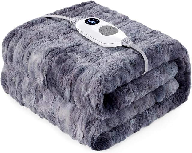 Warmrest Electric Blanket Heated Throw Blanket Soft Flannel, 6 Heat Levels Fast Heating, 1 to 10 Hours Auto-Off Detachable Controller Machine Washable, Grey 130x160cm