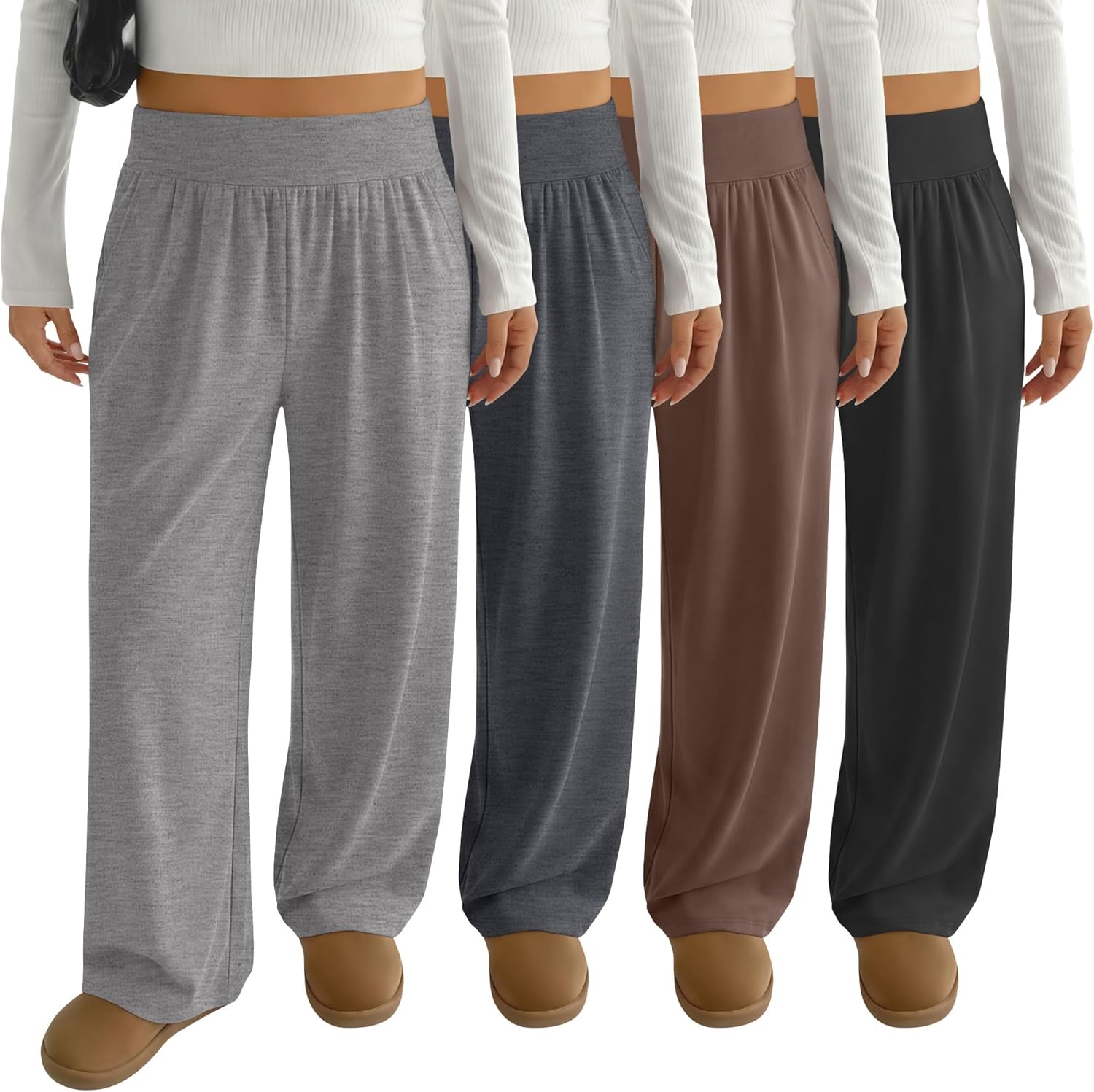 Locoowai 4 Pack Women's Plus Size Yoga Pants Wide Leg High Waist Sweatpants Casual Baggy Joggers with Pockets Winter