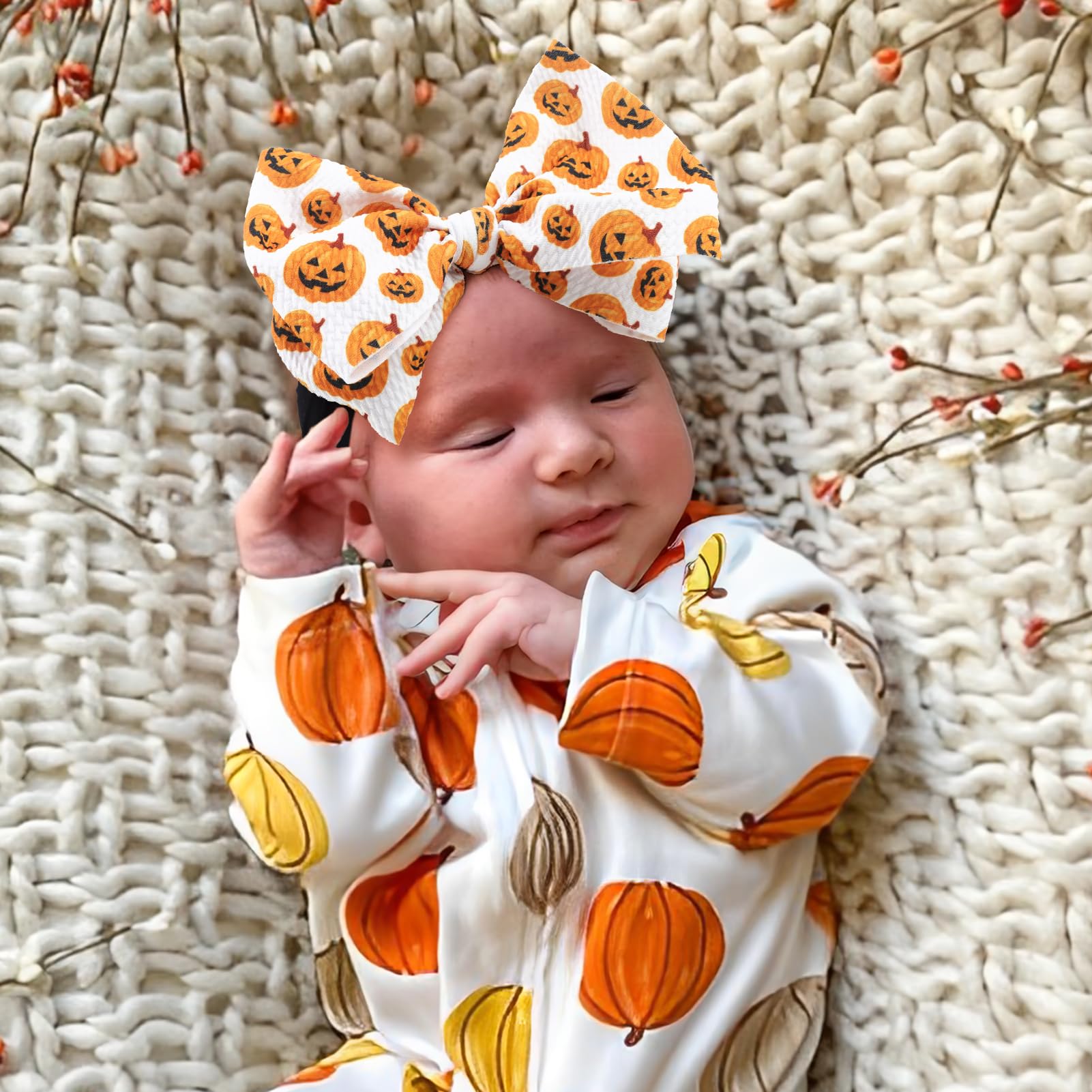 YanJie Halloween Hair Bows Baby Girls Headbands Pumpkin Accessories Black Ghost Printed Baby Bows Newborn Bows Nylon Hair Bows Toddler Headband