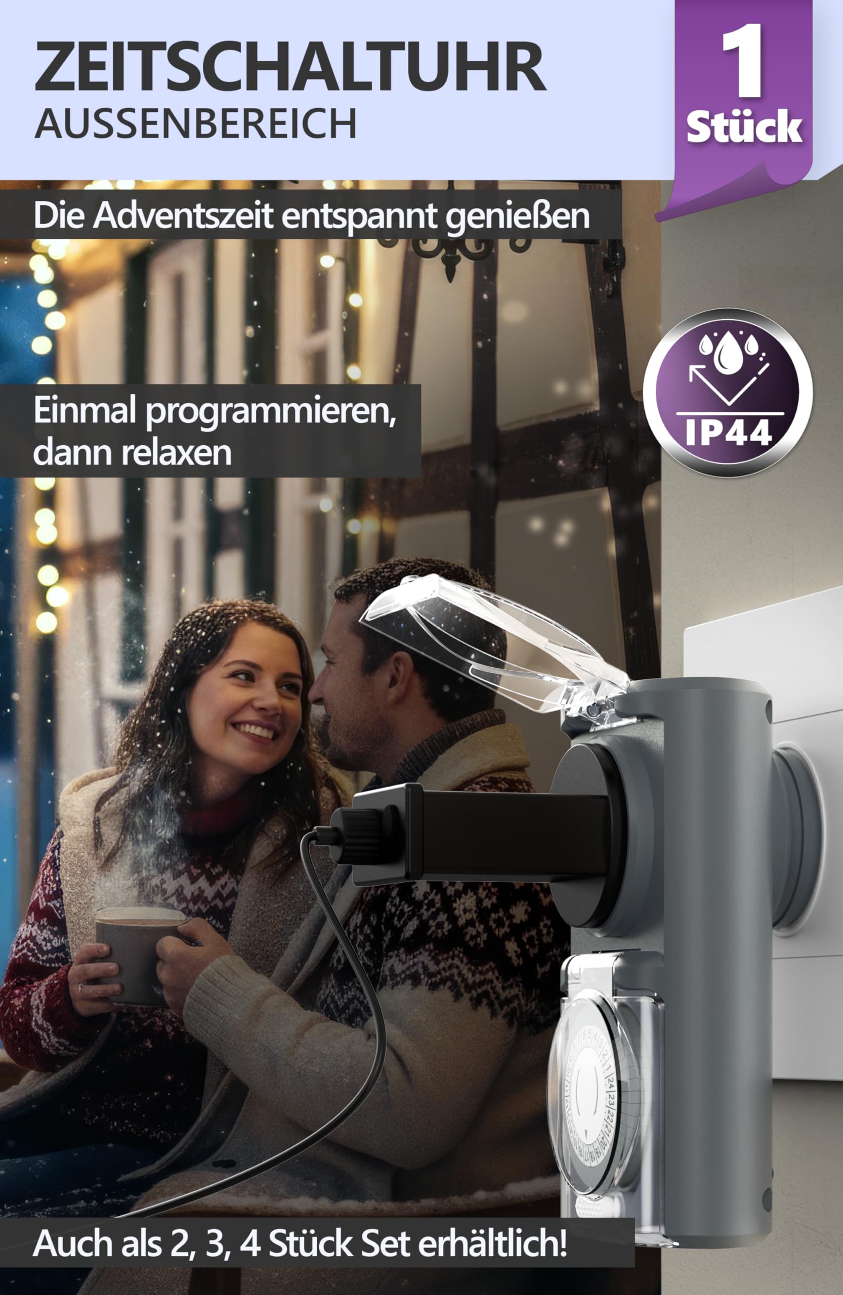 Premium Zeitschaltuhr Aussenbereich - 1 Stück - Zeitschaltuhr Steckdose außen IP44, mechanischer Zeitschalter analog außen - Outdoor Timer, Zeitschalter für Steckdose außen, hohe Schaltleistung