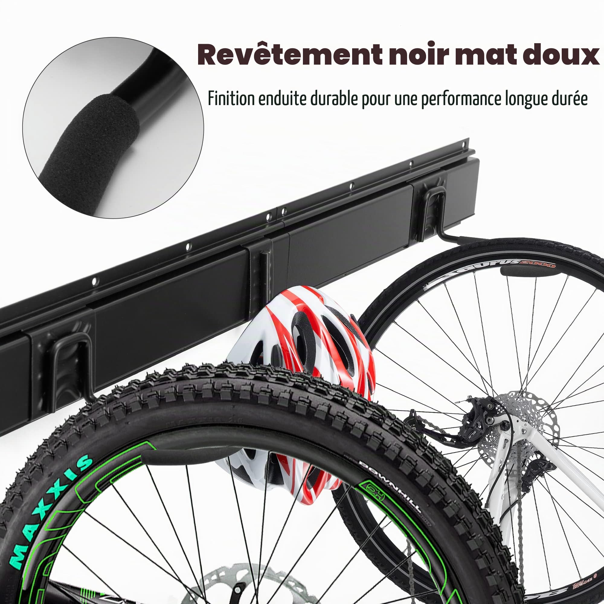 Sinoer support mural pour vélos,porte velo，rangement garage， support mural pour 4 vélos et 2 casques, crochet mural résistant en acier massif, 2 rails de 16 pouces.