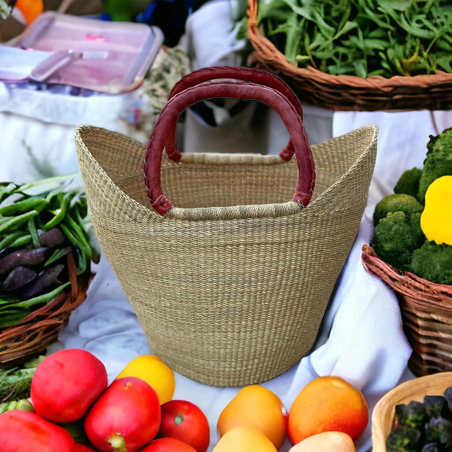 Large Yikene Shopper Beach Bag Ghana Bolga Basket Fair Trade - Dye Free 16"-19" Across