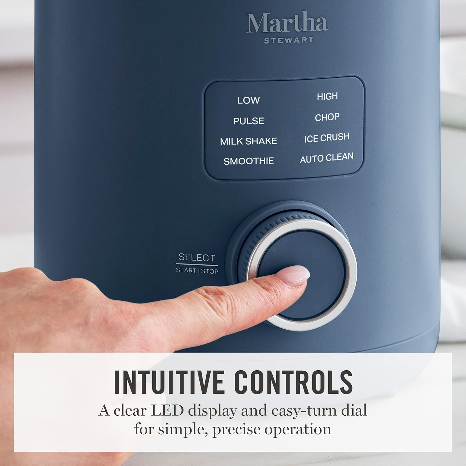 Martha Stewart 50oz Countertop Blender, Smoothie, Margarita & Ice Crushing Blender, BPA-Free Pitcher, 3 Speeds, 5 Presets, Auto-Clean Function, Dishwasher Safe, Stainless Steel Blades, Indigo Blue