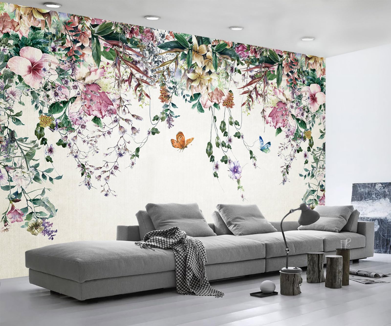 Papier peint panoramique aquarelle fleurs vigne salon 400x260