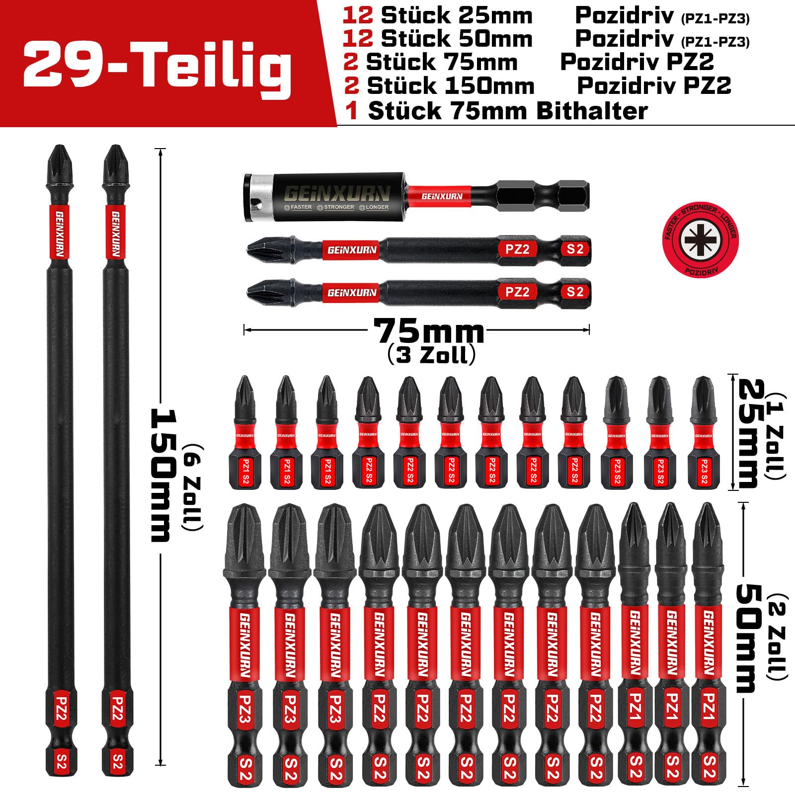 Geinxurn 28 Pieces PZ1 PZ2 PZ3 Impact Screwdriver Bit Set 25 mm 50 mm 75 mm 150 mm #1#2#3 Pozidriv - Image 2