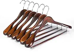 Cabides luxuosos de madeira de ombro largo, pacote com 6, com barra de bloqueio, cabide de madeira com acabamento retrô liso para armário, comporta até 9 kg, gancho giratório de 360°, para jaqueta,