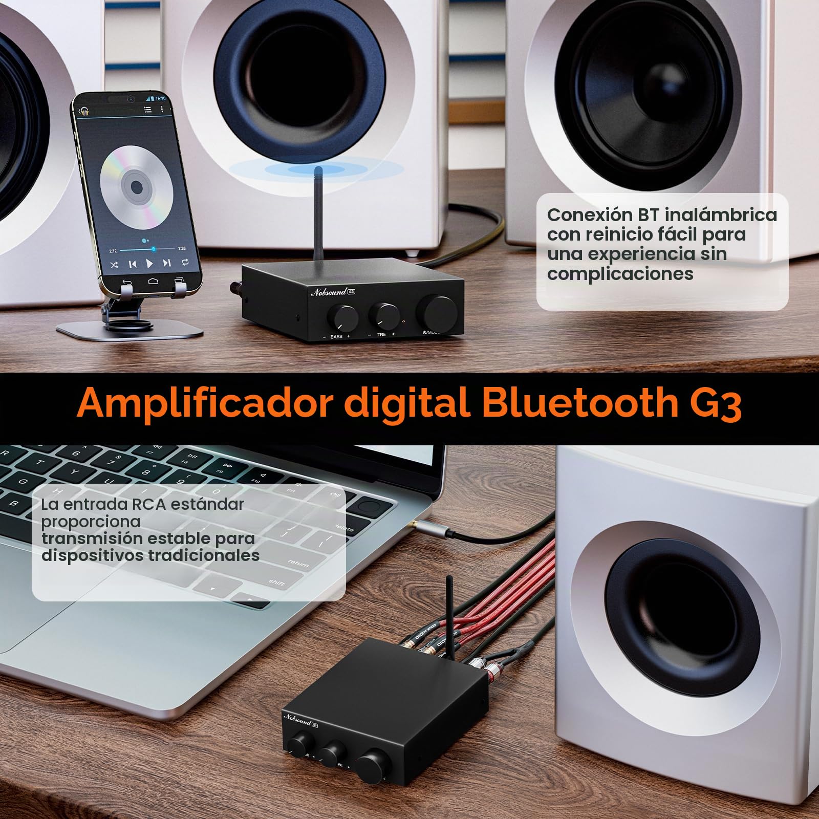 Nobsound Amplificador estéreo Bluetooth 5.0: Mini Audio 2.0 Canal, amplificador integrado con regulador de agudos de graves, para altavoces domésticos 50 W x2 TPA3116