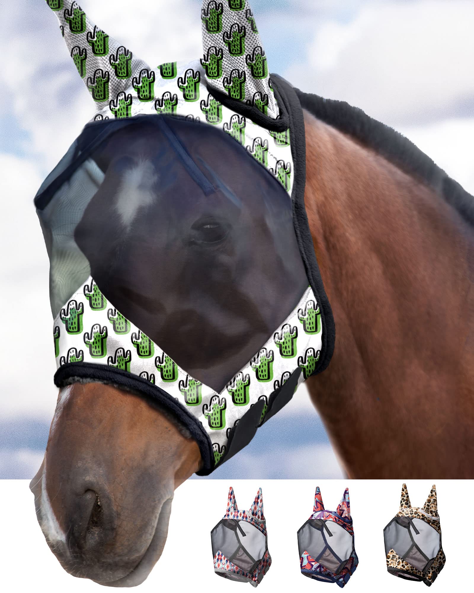 Harrison Howard LumiVista Horse Fly Mask Standard with Ears UV Protection for Horse Green Cactus XL Extra Full