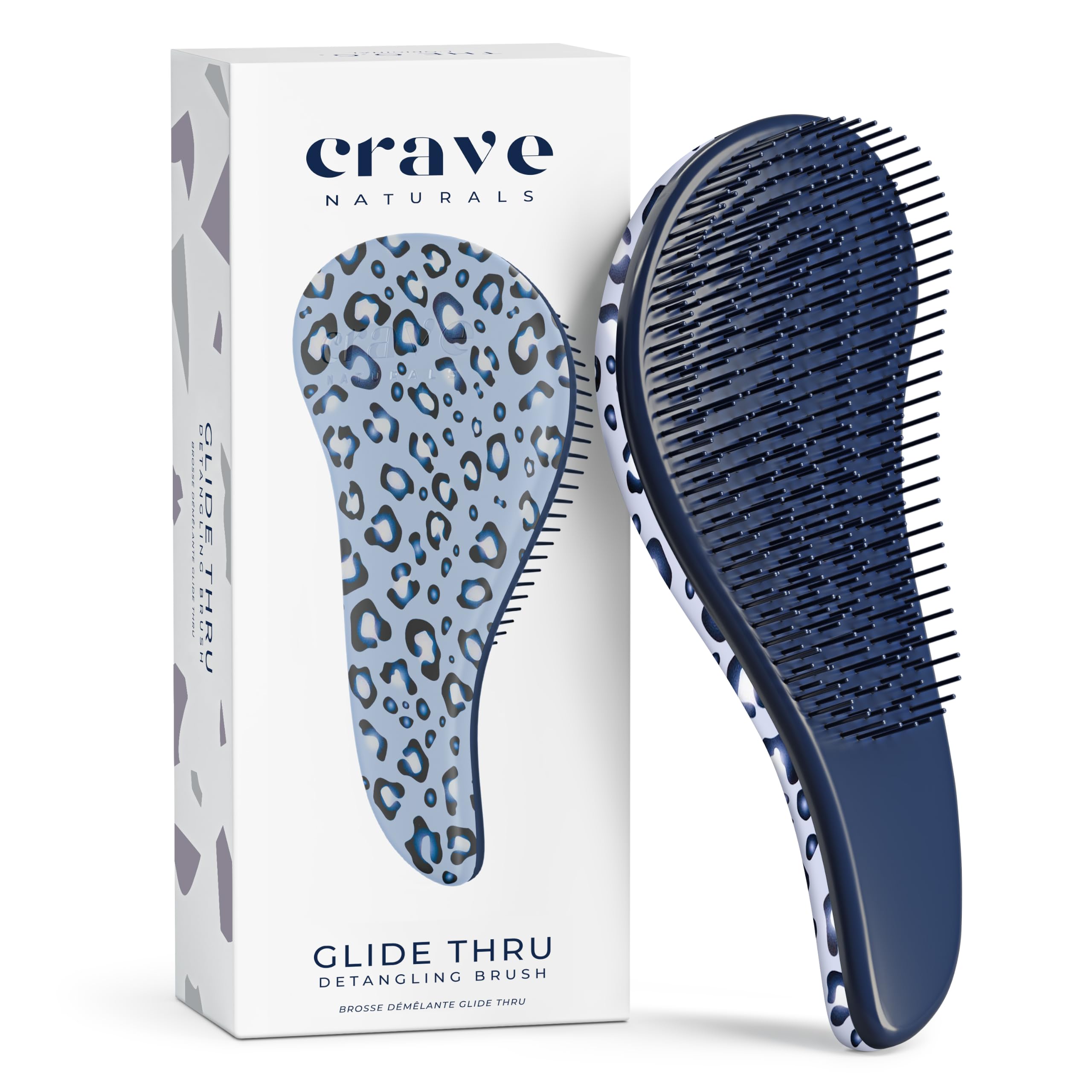 Crave Naturals Glide Thru Detangler Brush - Curly Hair Brush for Women and Kids - Wet and Dry Comb for Adults - Soft Flexible Bristles for Gentle Use - Styling Tool for Curls - Blue Cheetah