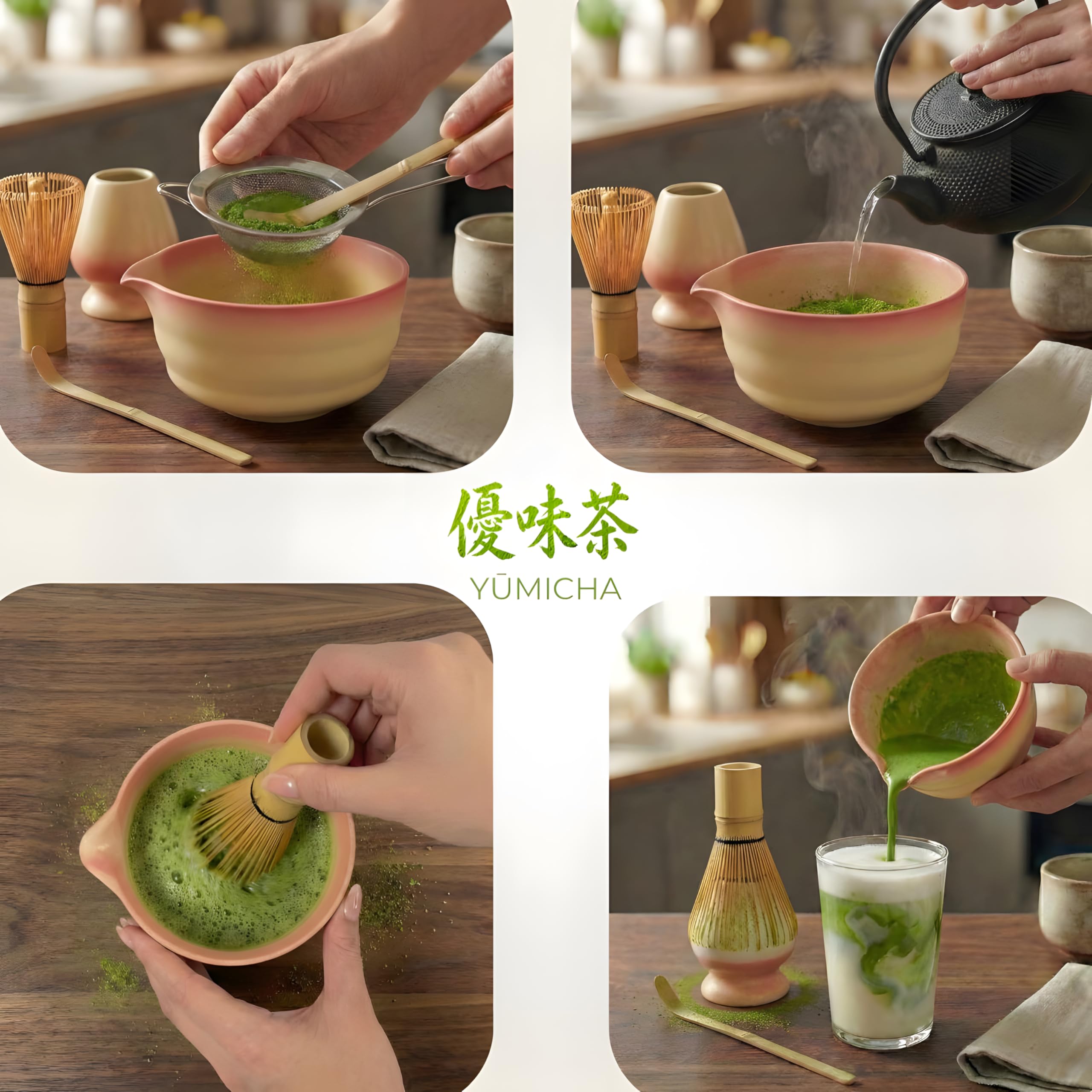 YŪMICHA KIT Matcha Japonais 7 Pièces - Coffret Cérémonie avec Mallette de Transport & Plateau en Bois - Thé Matcha – Fouet (Chasen) Bol en Céramique (Chawan), Set Matcha – Idée Cadeau Premium