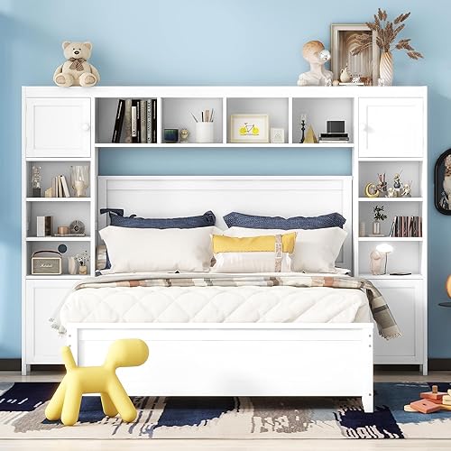 Miniatura 9 de Harper & Bright Designs Cama de plataforma de tamaño matrimonial con cabecera de almacenamiento, luz LED integrada y barandilla, marco de cama