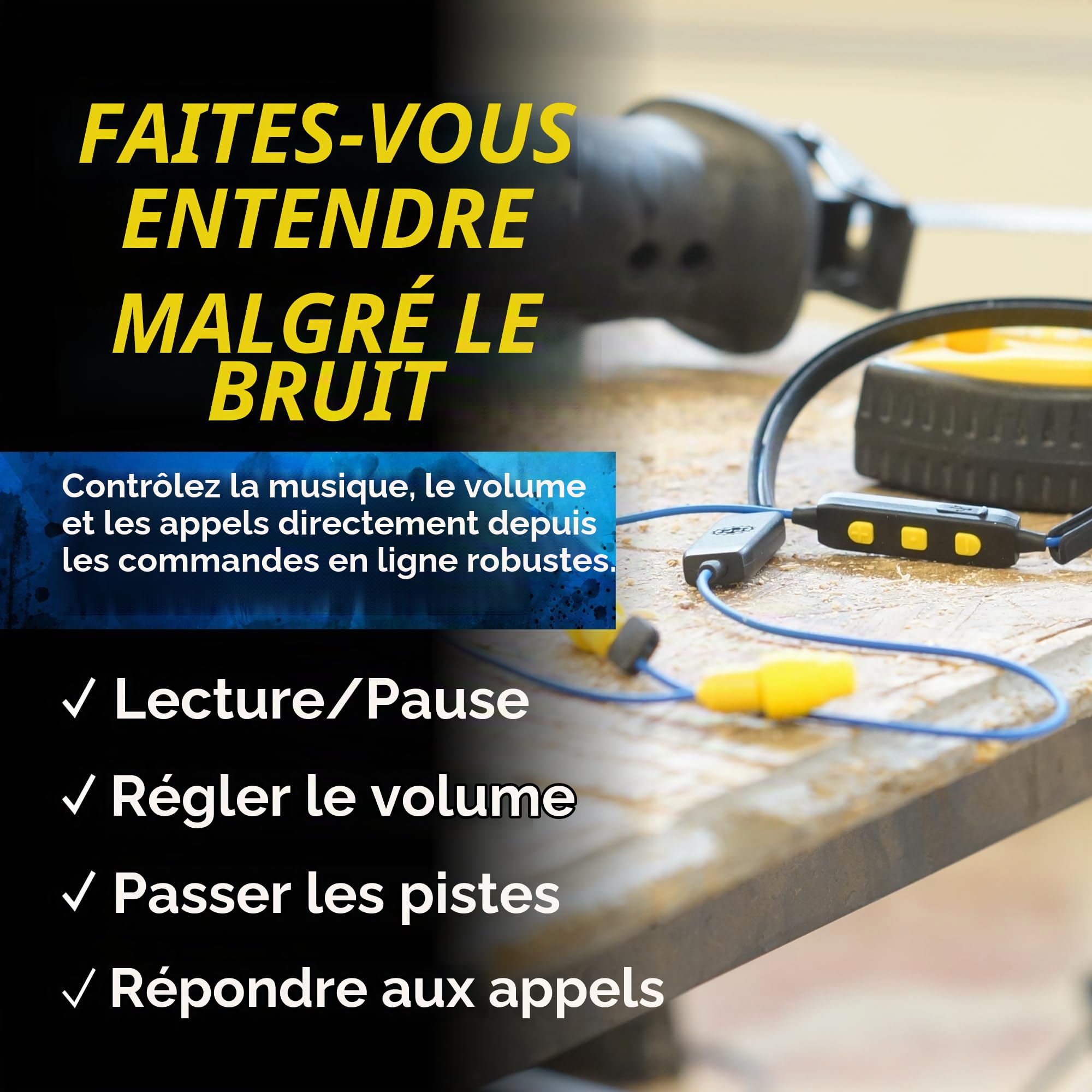 Plugfones Liberate 2.0 Écouteurs Intra-Auriculaires Bluetooth sans Fil - 29NRR - Réduction du Bruit - Microphone et Commandes à Isolation phonique (Bleu et Jaune)