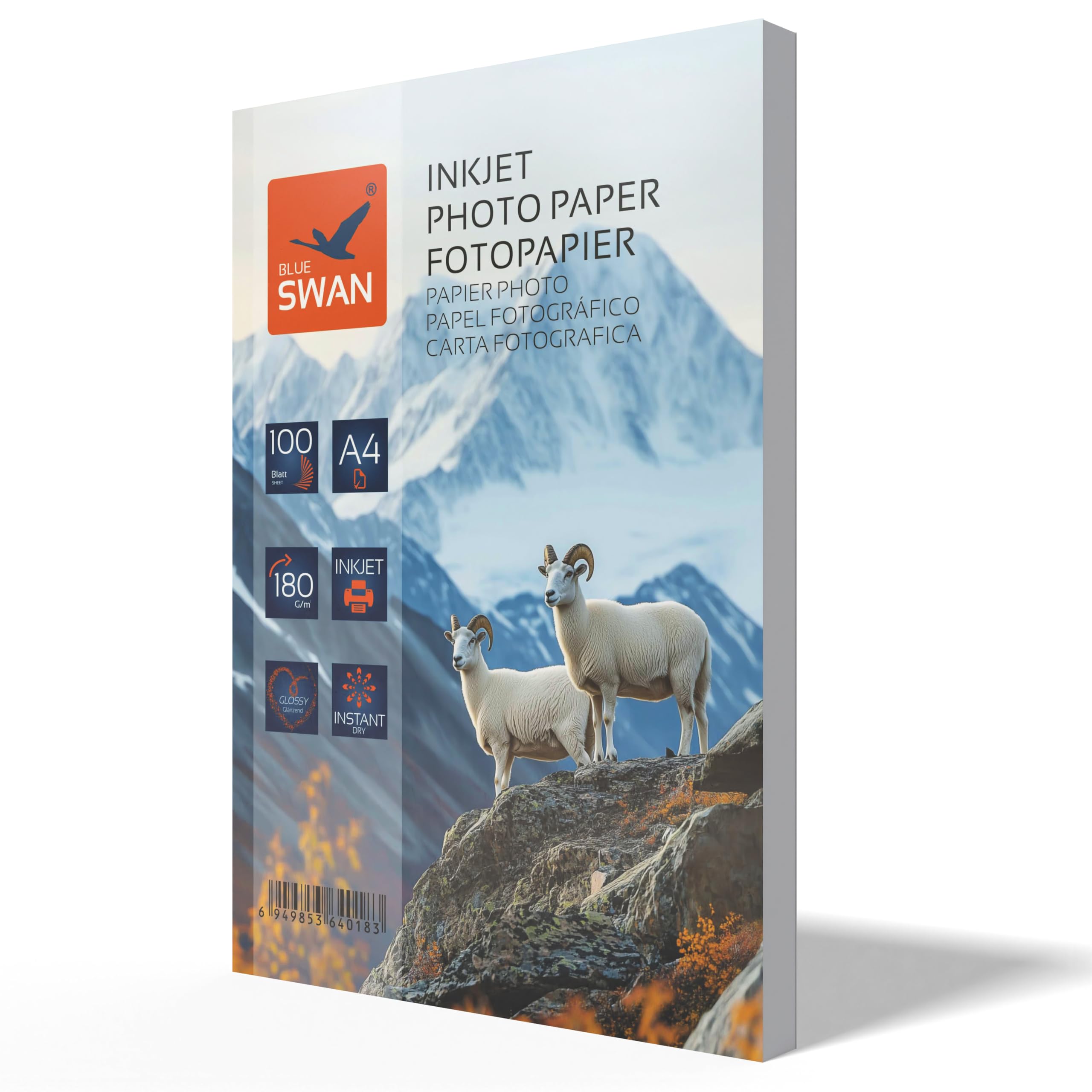 BLUE SWAN Carta Fotografica Lucida A4, 180 g/m², 100 Fogli – Bianco ad Alta Lucentezza, Asciugatura Rapida, Resistente all’Acqua e ai Graffi, Compatibile con Stampanti Inkjet