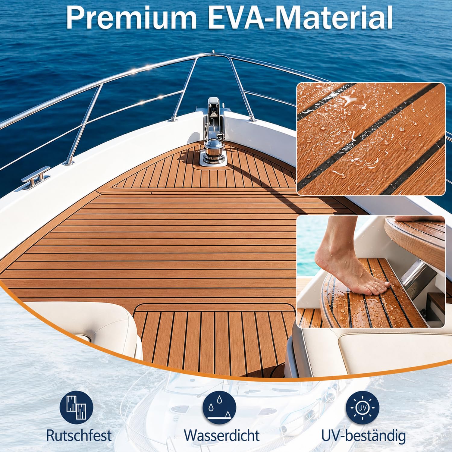𝐎𝐥𝐥𝐞𝐰𝐢𝐞𝐥𝐥𝐚𝐧 EVA Schaum Bootsbodenbelag 240 x 90 cm Braun, selbstklebende Bodenmatte in Teak Optik, rutschhemmender Marineteppich zum Zuschneiden für Yacht, Wohnmobil und Pooldeck