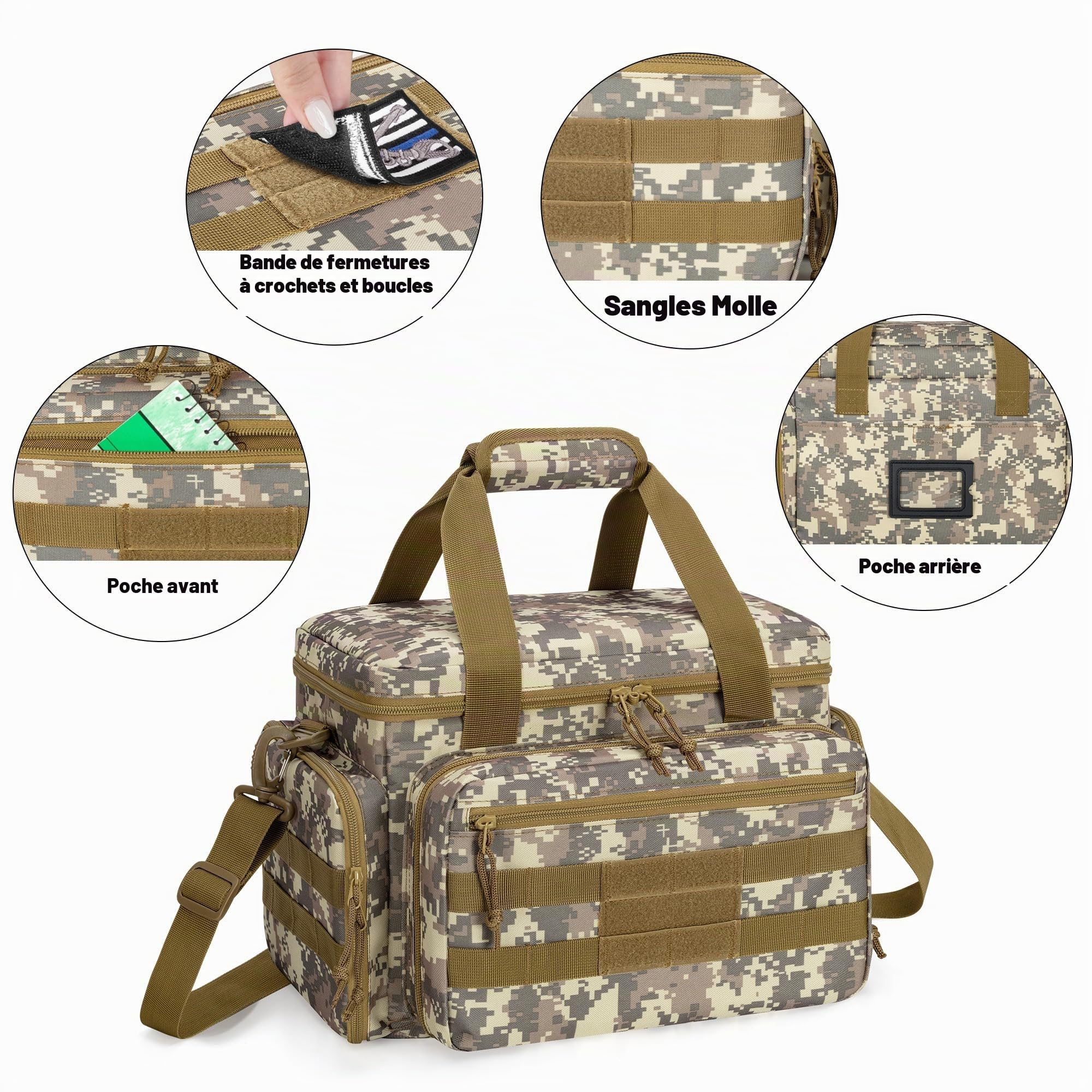DSLEAF Sac de Tir pour Pistolet pour 4 Armes de Poing, Étui Souple Sacoche Tactique pour 6 Compartiments Chargeurs, Pochette de tir avec Poches Supplémentaires pour Munitions et Indispensables