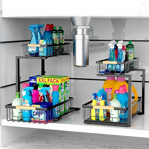 Miniatura 1 de VENHOOUSE Paquete de 2 organizadores para debajo del fregadero de la cocina, organizador de gabinete extraíble de 2 niveles, organizador de metal