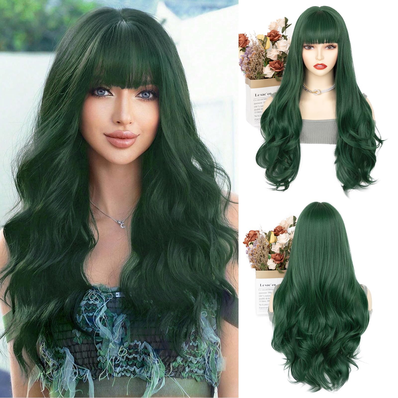 AISI QUEENS Dark Green Wig With Bangs, 26 Inch Long Natural Looking Hair for Women, Middle Part Curly Wavy, Heat Resistant Synthetic for Daily Party Use