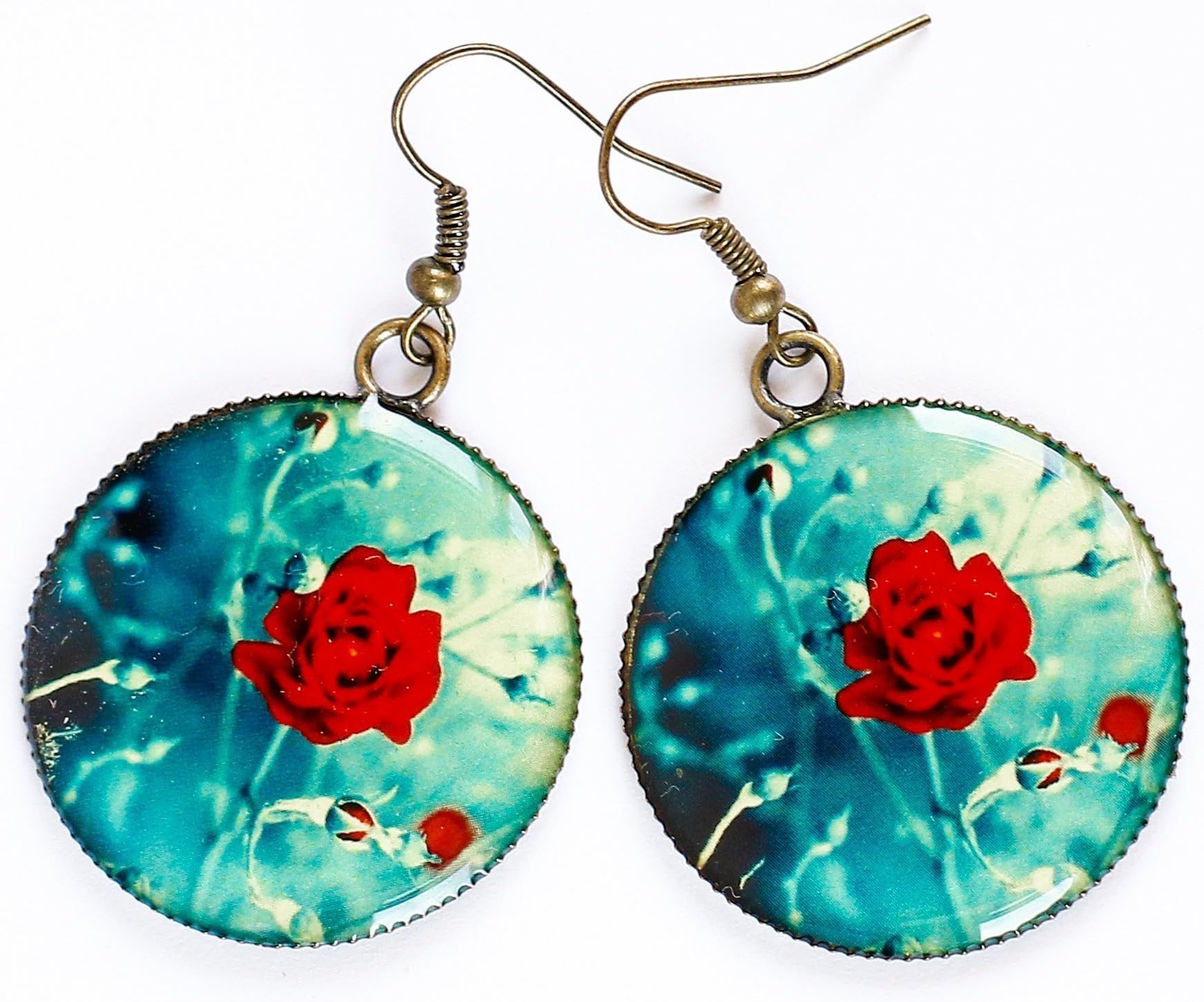 E40 Exlusive Fashion Bright Red Flower Rose Photo Print Epoxy Resine Round Earrings Handmade Summer Jewelry Gift for women Pattern design Sky blue dangle earrings