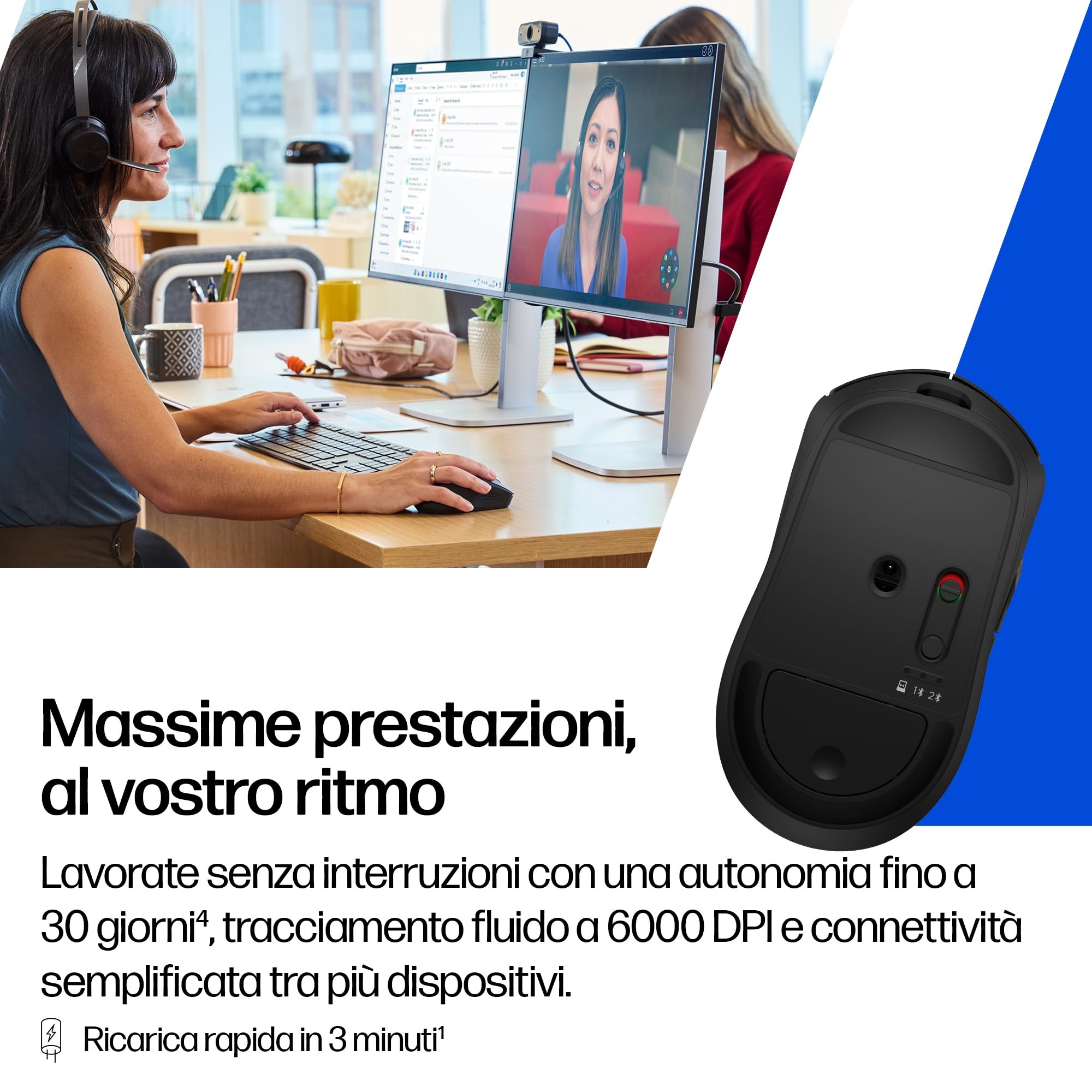 HP 700 Mouse Wireless Ricaricabile, Bluetooth 5.2, USB 2.4 GHz, 7 pulsanti programmabili, fino a 30 giorni di autonomia, 6000 DPI, Compatibile con Windows, macOS, ChromeOS, iOS e Android, Nero