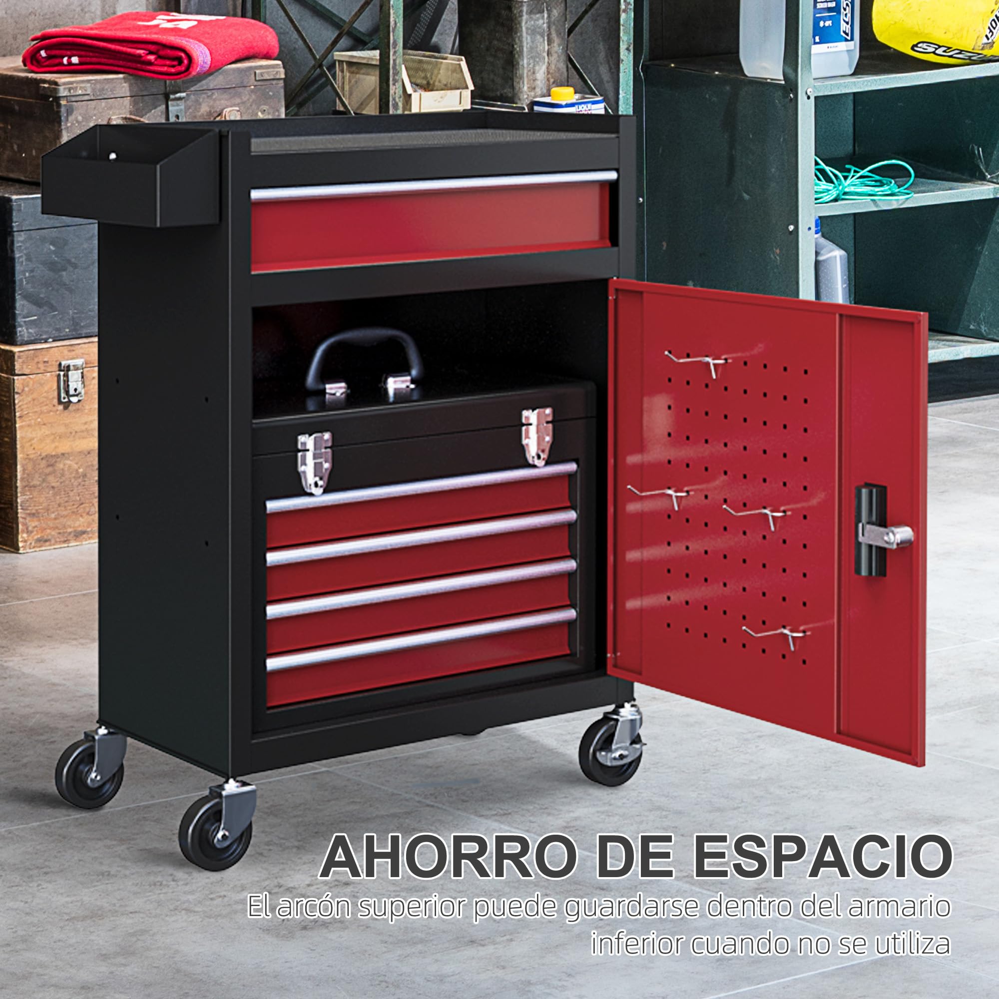 HOMCOM Carro de Herramientas con 5 Cajones y Cerraduras Carro de Taller con Ruedas Caja de Herramientas de Acero con Puerta Extraíble para Taller Garaje Negro y Rojo