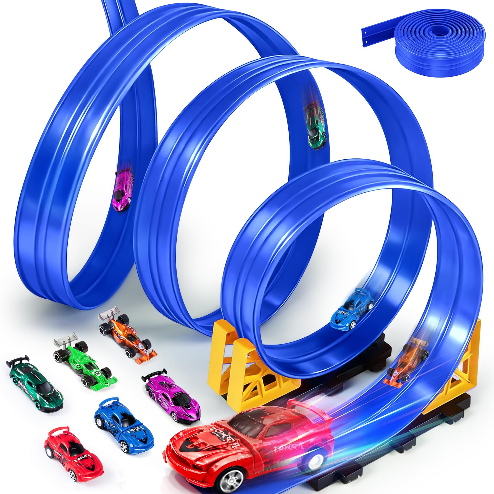 Pista Coches Flexible, 5M Circuito Coches Flexible Portátil con 6 Coches de Juguete 1 Bolsa de Almacenamiento 2 Rampas 4 Ventosas Flexible Car Track para Niños 4 5 6 7 Años (Azul)