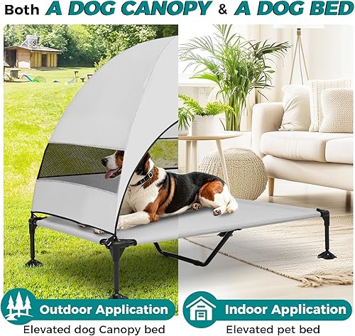 Miniatura 5 de Cama elevada para perros resistente al viento con toldo y estacas, 3 lados 90% bloqueo UV, alfombrilla de malla Teslin a prueba de mordeduras para