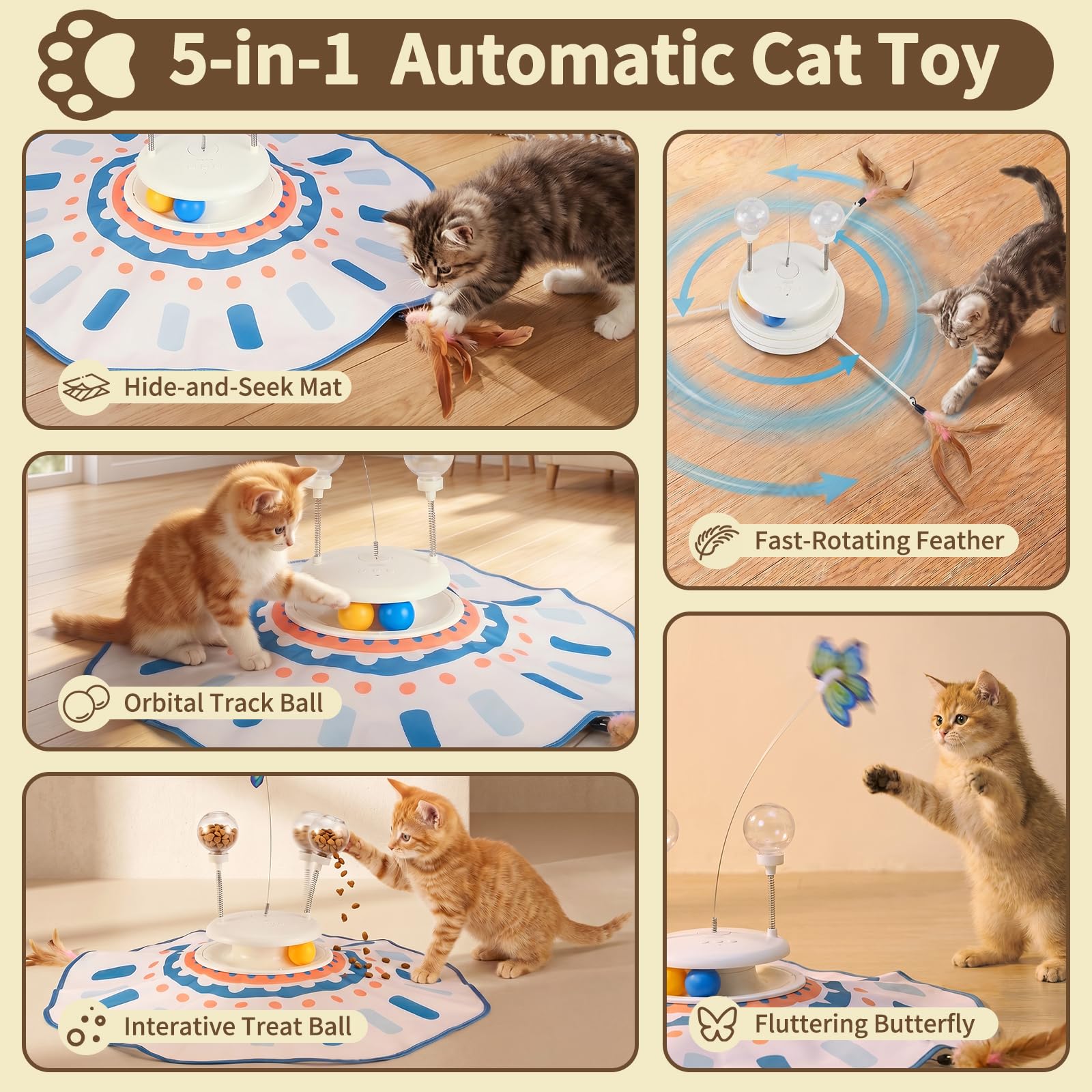 MOHAYA Giocattolo interattivo per gatti 5 in 1, giocattolo automatico intelligente per gatti annoiati, giocattolo attivato dal movimento e dal suono, con farfalla svolazzante, piuma in movimento