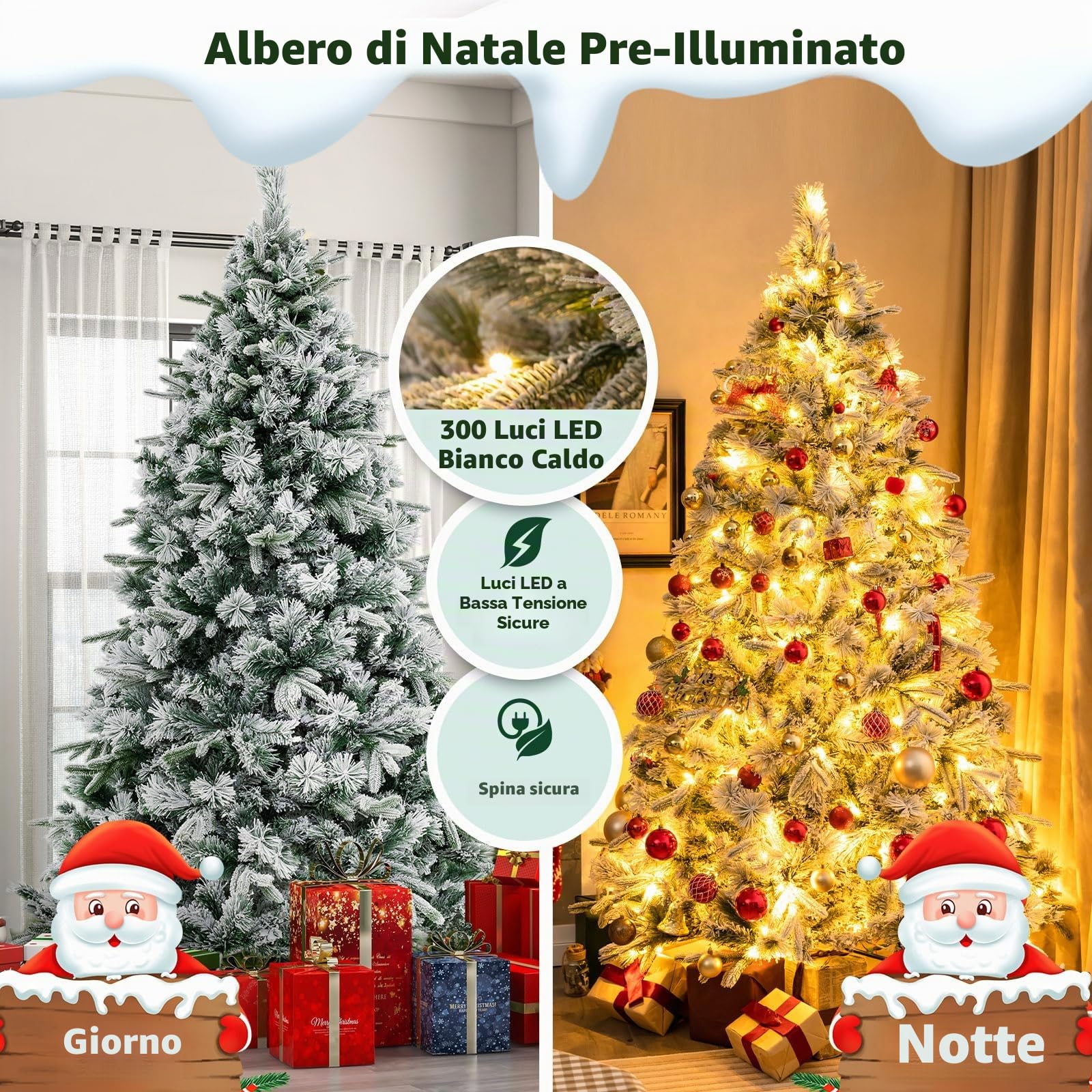 LIFEZEAL 215cm Albero di Natale Innevato con Luci Incorporate a LED, Albero Artificiale con 1096 Rami Foltissimi, Neve, Pop Up, Apri da Solo, Ignifuco, Decorazioni, Interno, Esterno, Christmas Tree