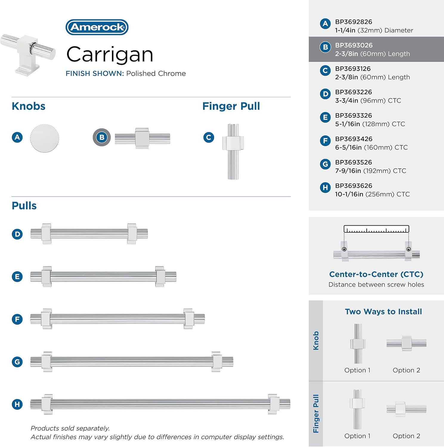 Amerock | Cabinet Knob | Polished Chrome | 2-3/8 inch (60 mm) Length | Carrigan | 1 Pack | Drawer Knob | Cabinet Hardware