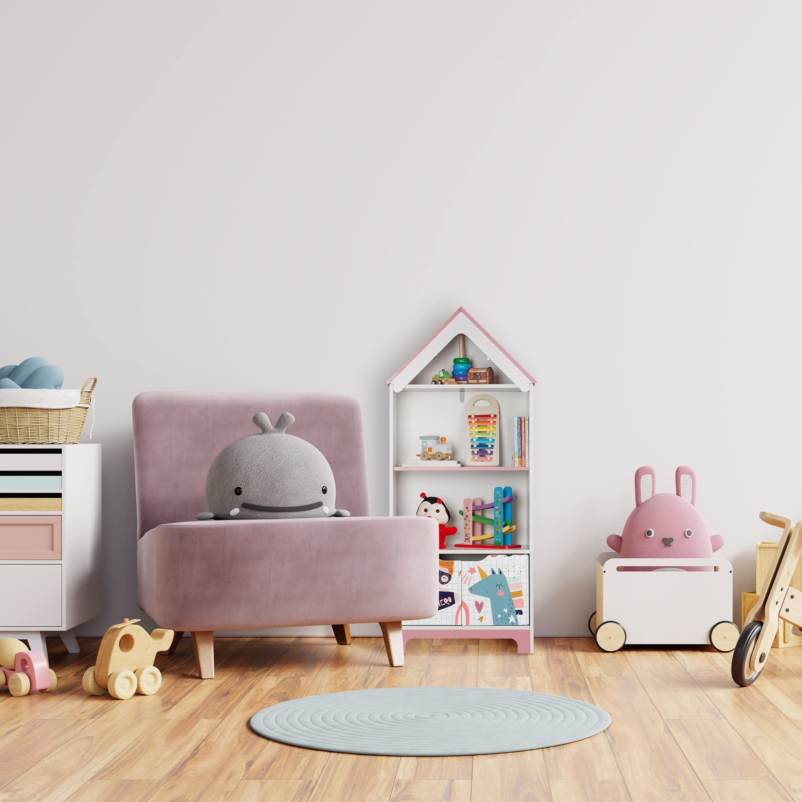 Relaxdays Scaffale Portagiochi, Motivo Super Woman, Cameretta Bambini, con 4 Scomparti e Ante, 93x63x28 cm, Bianco Rosa