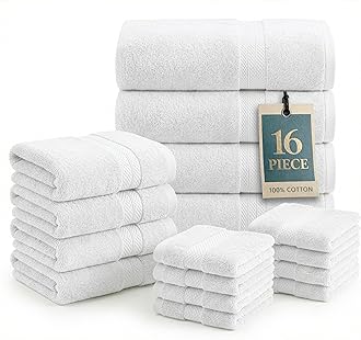 100% Mercerized Cotton Luxury Bathroom Towel Set - 16 Pcs - Super Soft, Fluffy & Highly Absorbent - 4 Bath Towels, 8 Washcloths, 4 Hand Towels - Complete Family Pack - White Bath Towel Set