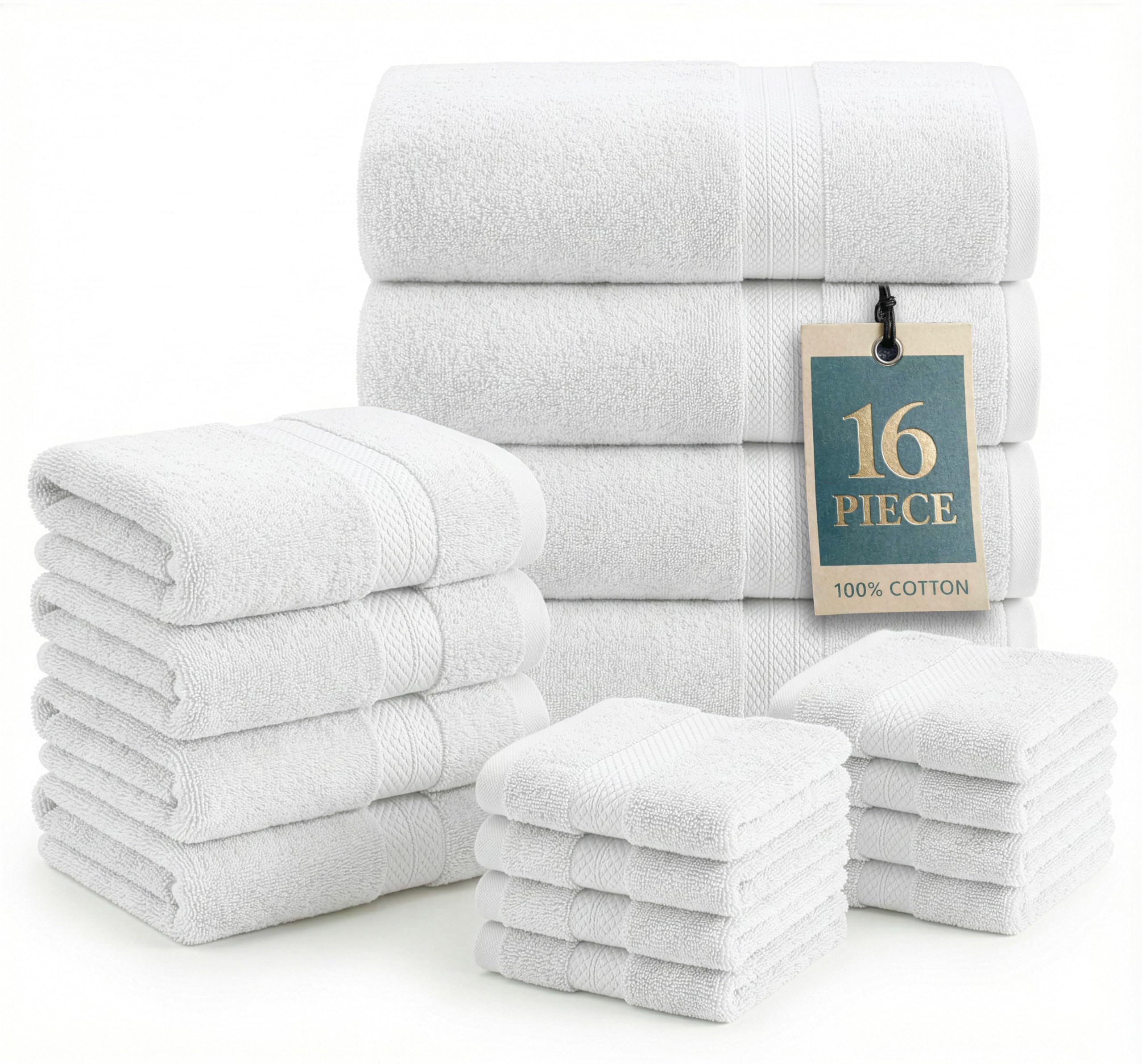 100% Mercerized Cotton Luxury Bathroom Towel Set - 16 Pcs - Super Soft, Fluffy & Highly Absorbent - 4 Bath Towels, 8 Washcloths, 4 Hand Towels - Complete Family Pack - White Bath Towel Set