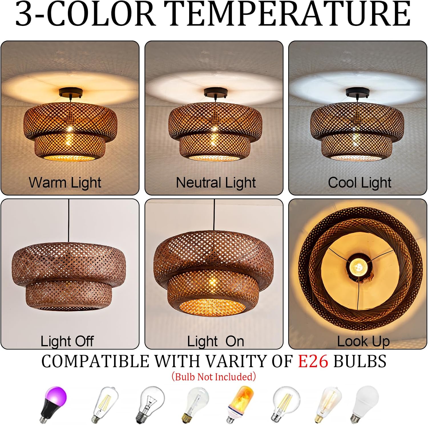 Bamboo Pendant Light,Dark Curry Boho Rattan Hanging Light,17.7" Hand Woven Wicker Chandelier for Kitchen Island for Kitchen Island Dining Bedroom Living Room Restaurants
