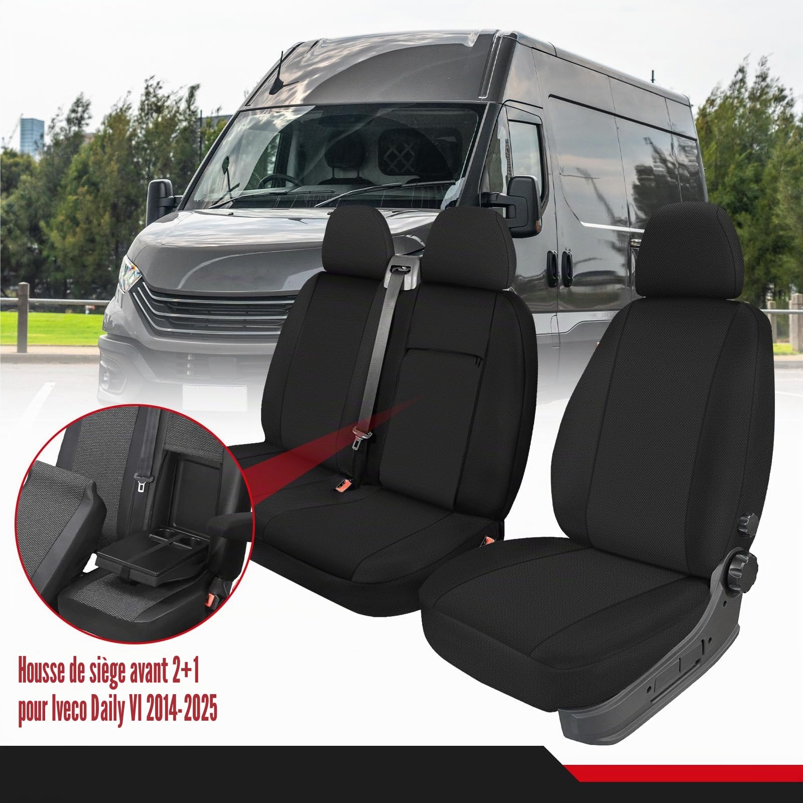 Housse de Siege Voiture, pour Iveco Daily VI 2014-2025 -2+1- Première rangée Housse Voiture Siege Avant, Ensemble de Housses Siège Auto, Noir