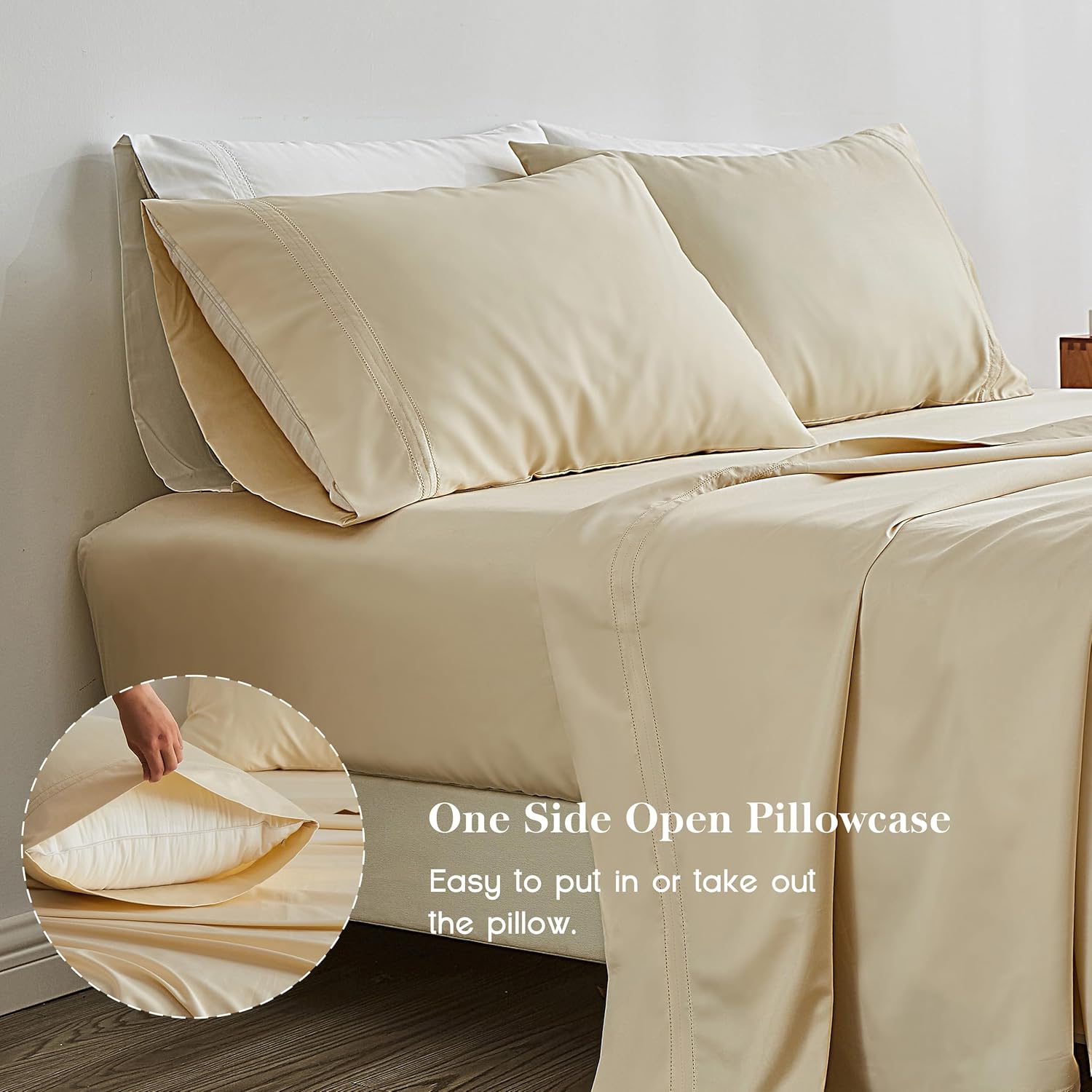 Simple&Opulence 100% Egyptian Cotton 400 Thread Count King Sheets-4 Pc Long Staple Pure Soft Sateen Weave Set-16” Deep Pocket Cooling Luxurious Bed Sheet with Double Hemstitch(Beige,King)