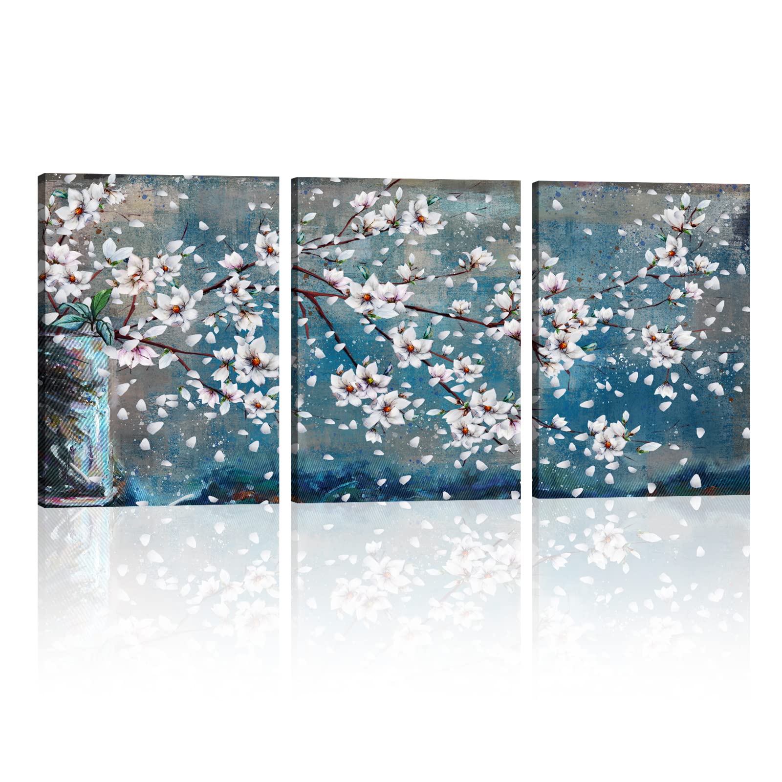 StrLon Flower Wall Decor Canvas Wall Art for Living Room Bedroom White and Blue Magnolia Blossom Oil Painting Modern Wrapped Floral Artwork 12x16inch