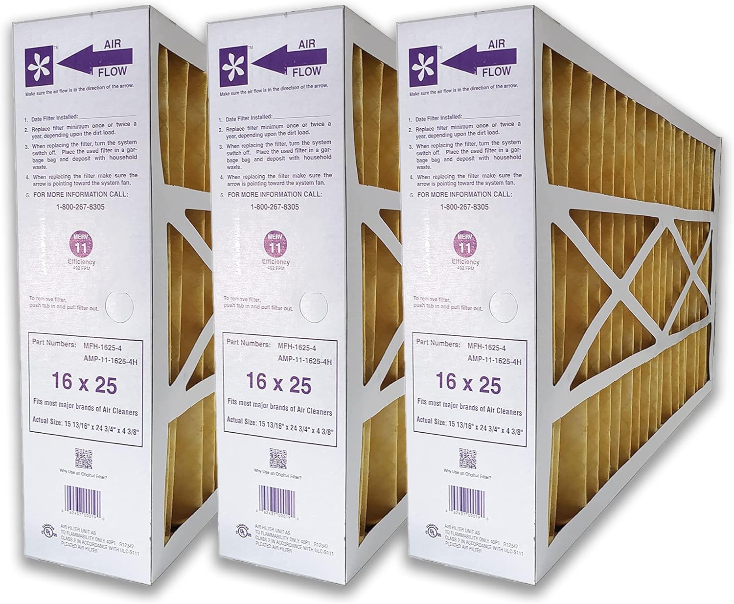 MFH16254 PK3 MERV 11 Air Filter 16x25x4 Furnace Filter Air