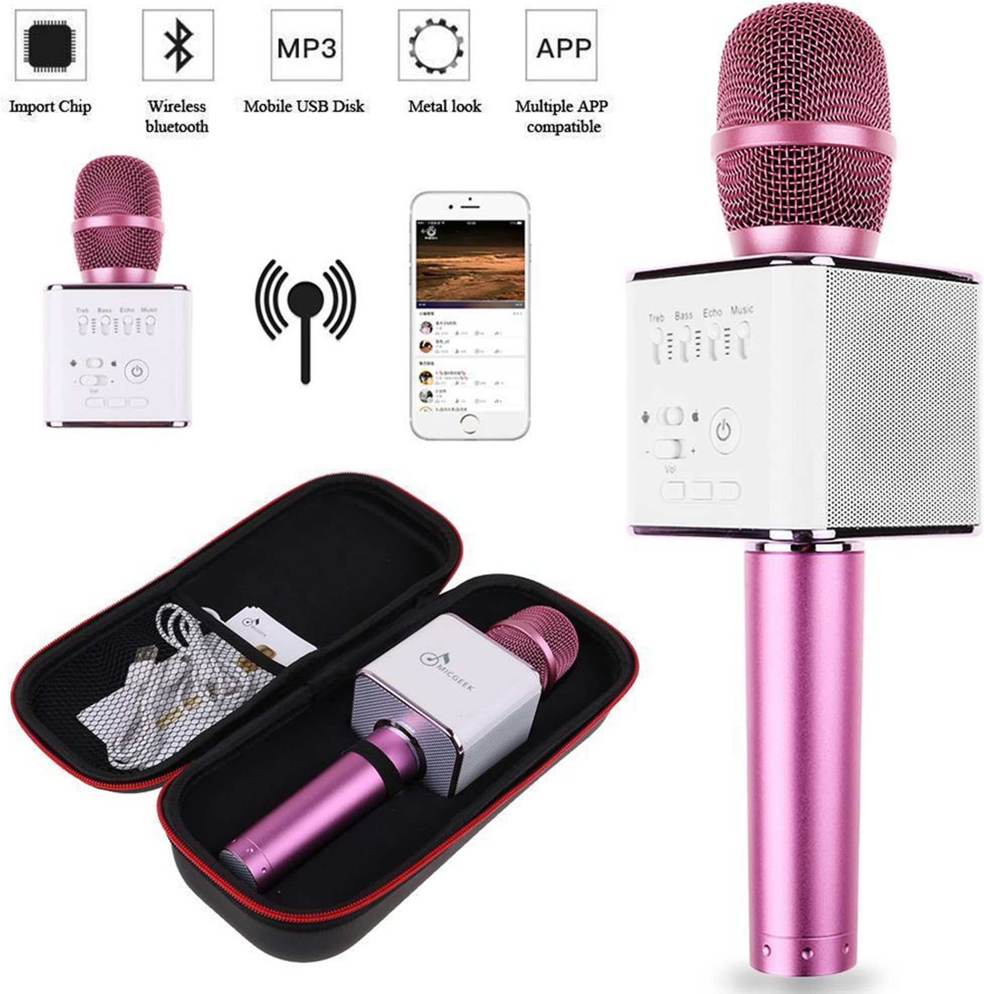 Portable Wireless Bluetooth Karaoke Microphone , Q9 ( Q7 Enhanced ) with 2600mAh Battery Mini KTV Player 2 in 1 Home Karaoke Player Full Metal Bluetooth Speaker Handheld Portable Mic Microphone Mike Support for IOS Andriod System iPad iTouch Celulares Smartphones (OTG) PCs / Notebooks / Tablets, for Recording Singing Family K Song Karaoke KTV Outdoor Travel Gathering Wedding Seminars Meeting Stages (Pink)