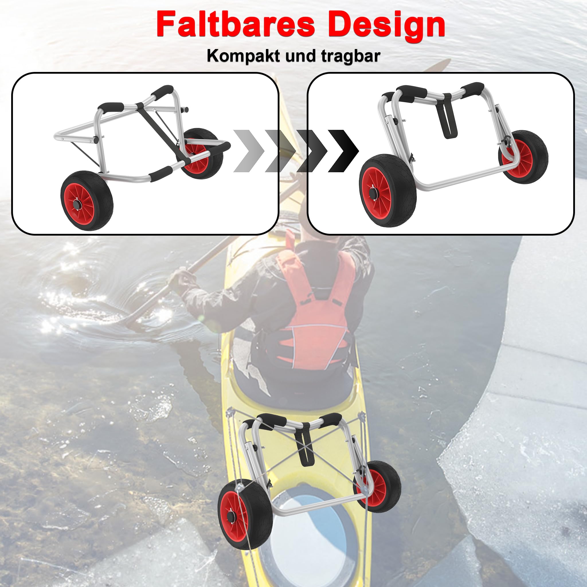 Kanuwagen Faltbarer Alu Kajakwagen SUP Transportwagen mit 2 PU-Räder & Spannriemen bis 100 kg Bootstrailer Trolley,ideal für Boote Kanu Kajak Surfboard Faltboot