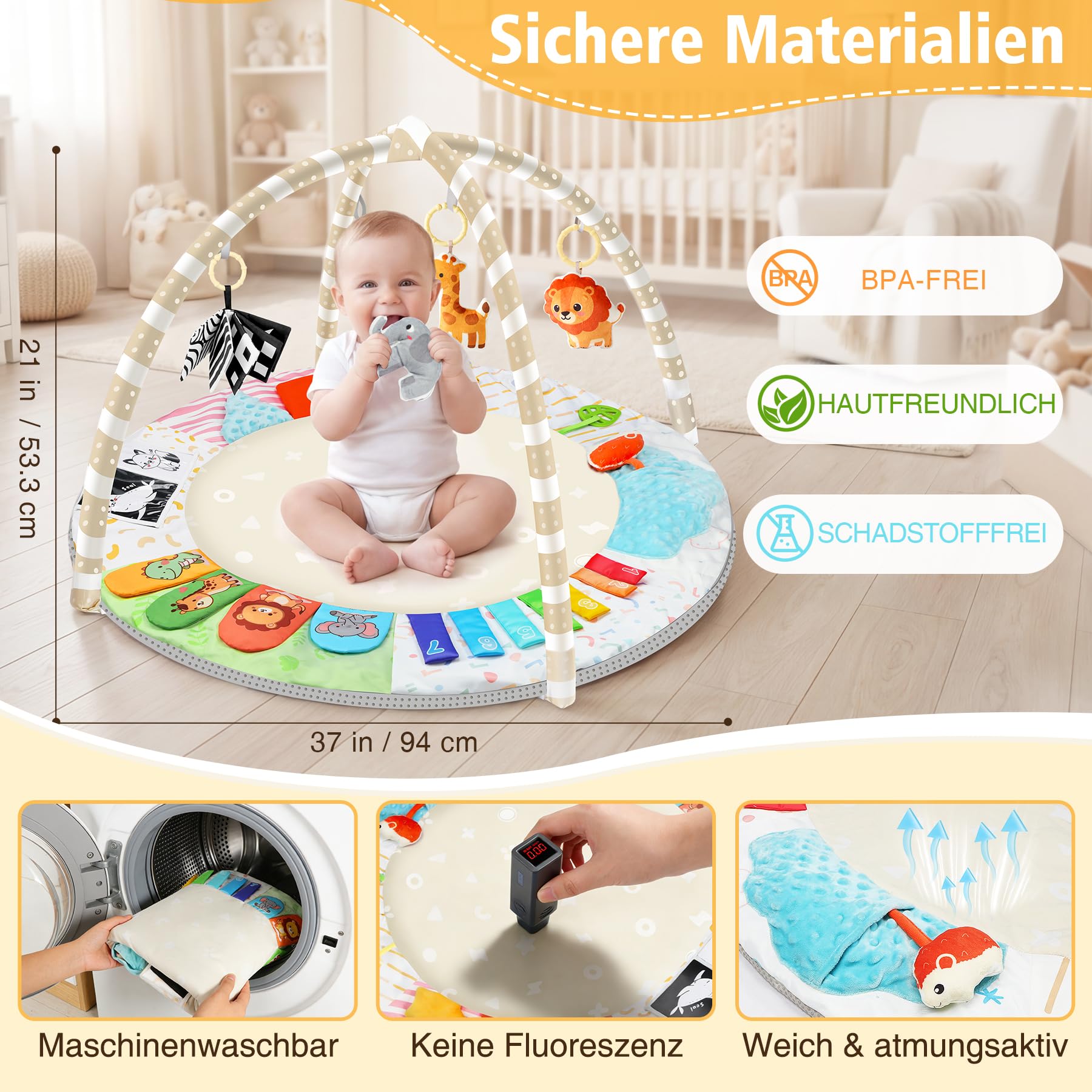 URMYWO Spielbogen Baby– Baby Krabbeldecke mit 5 abnehmbaren Spielzeugen zum Greifen - 6 Entwicklungsregionen – Spieldecke für Babys und Kinder ab 0+ Monaten – Krabbelmatte als Geschenk zur Geburt