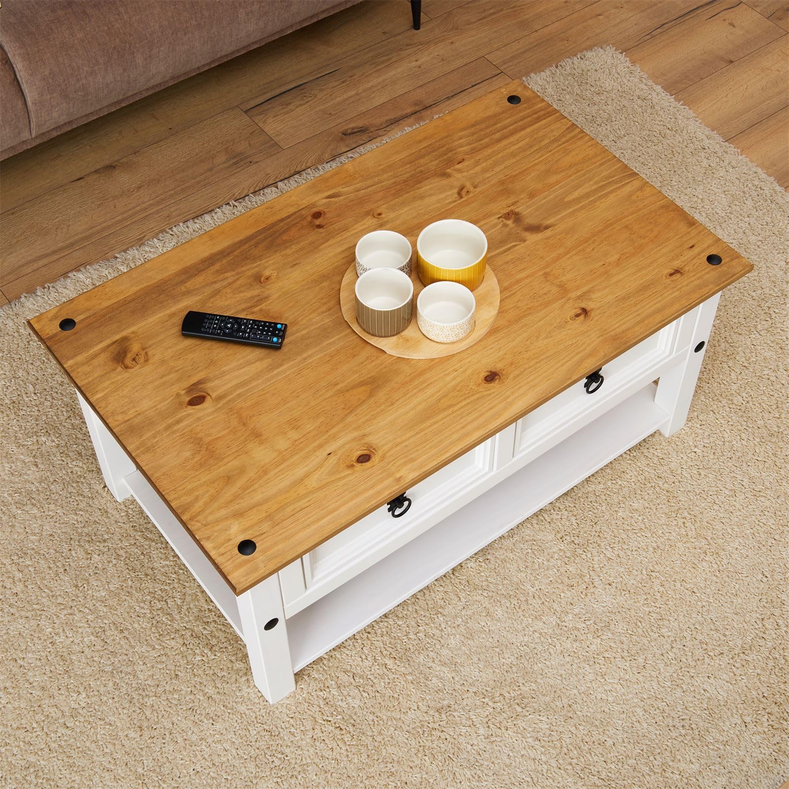 CARO Couchtisch Campo – Mexiko-Stil Aus Massiver Kiefer, Mit Schublade, Weiß/braun (95x45x50 Cm)
