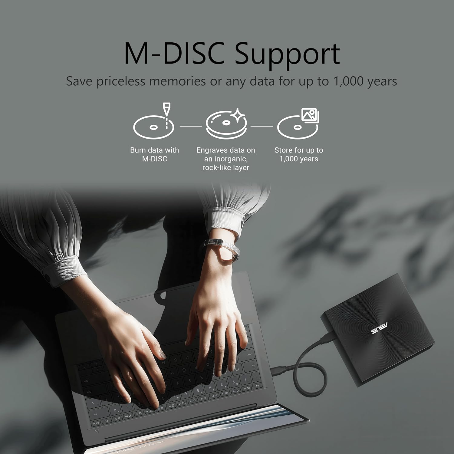 ASUS ZenDrive U3M - Ultra-Slim External DVD Writer, USB 3.2 Gen2x1 Type-C Interface, Compatible with Windows 11 and macOS, M-DISC Support, Comprehensive Backup Solutions Included