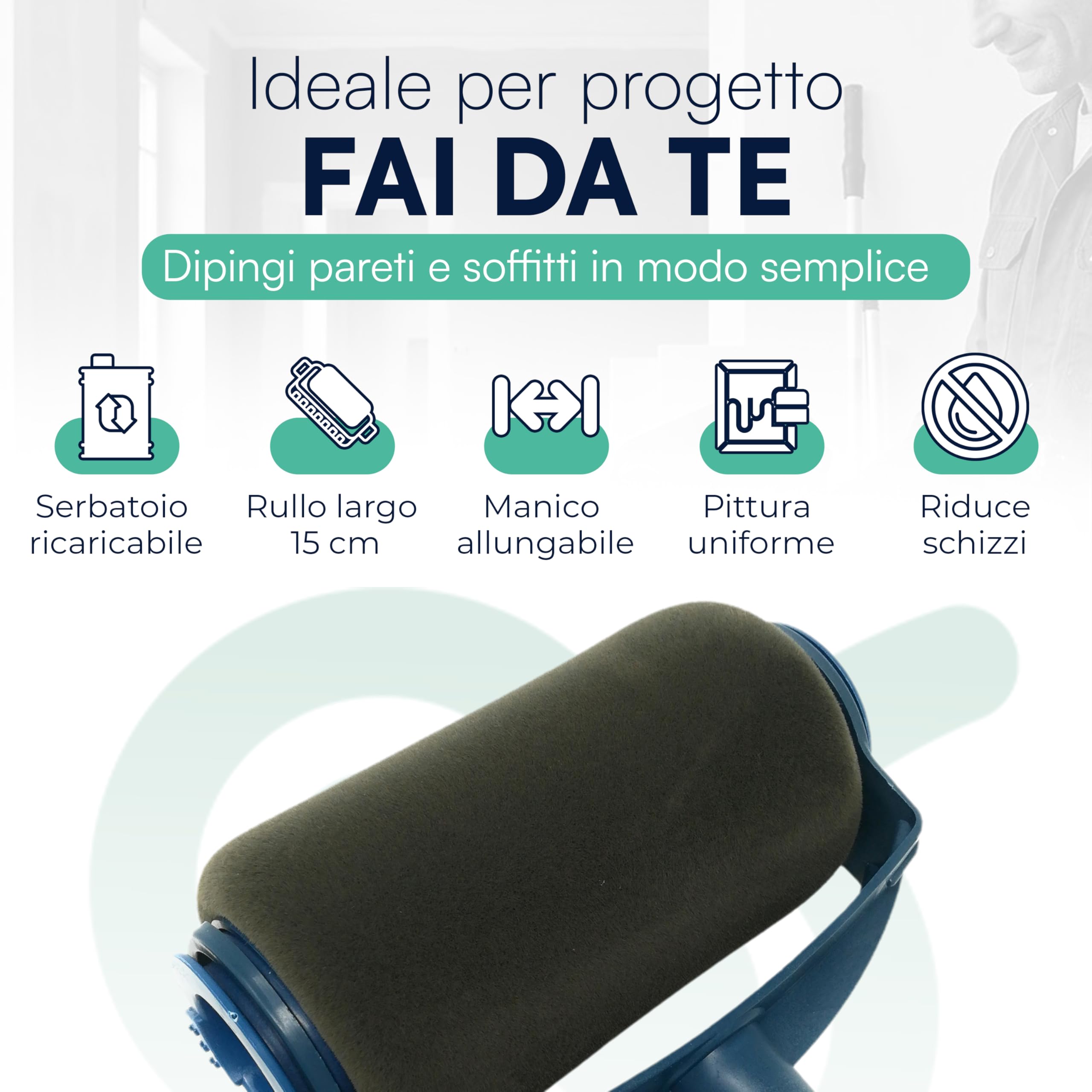 Tempo di Saldi Rullo per Pittura con Serbatoio Professionale Antigoccia e Ricaricabile, Capacità 1 Litro, Larghezza 15 cm - ProKit per Imbiancare Casa Facile con Manico Allungabile per Pareti e Angoli