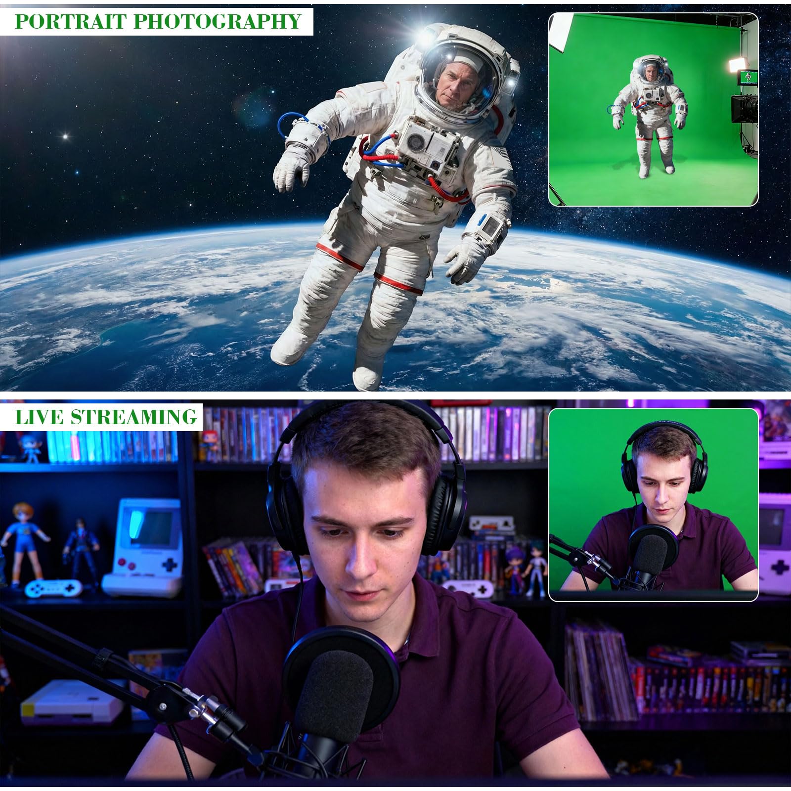 3 * 6M Sfondo Fotografico,Green Screen, Tessuto in Poliestere ad Alta Densità, Viene Fornito con Quattro Clip e Una Custodia, Adatto Per Studi Fotografici, Sistemi Video