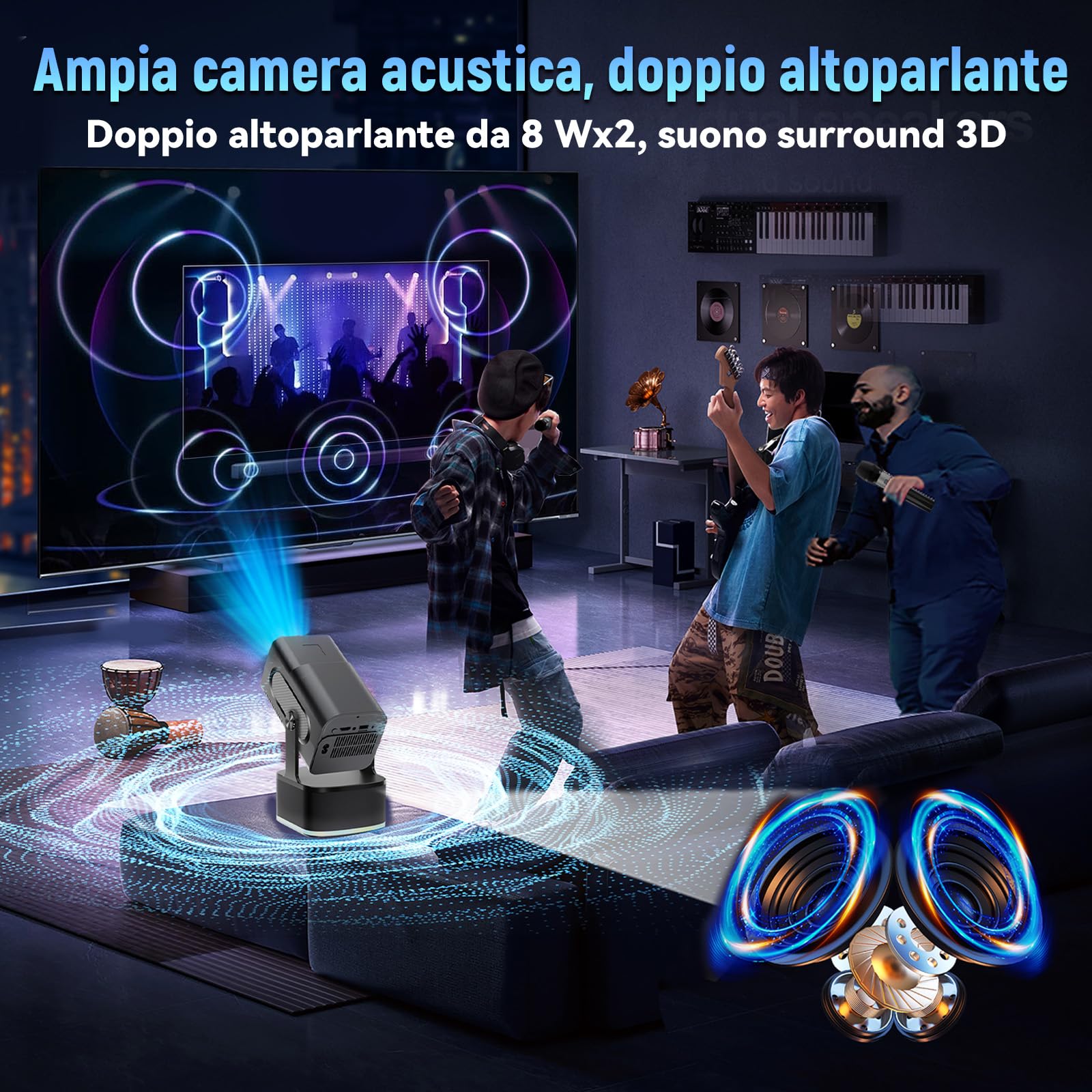 HCS350 KTV Mini Proiettore 4K Smart TV,Proiezione+Karaoke+Altoparlante Proiettore Portatile con Telecomando Vocale/Microfono Ricaricabile,1920 * 1080P Videoproiettore,450 ANSI,Android 11,WiFi6+BT5.4