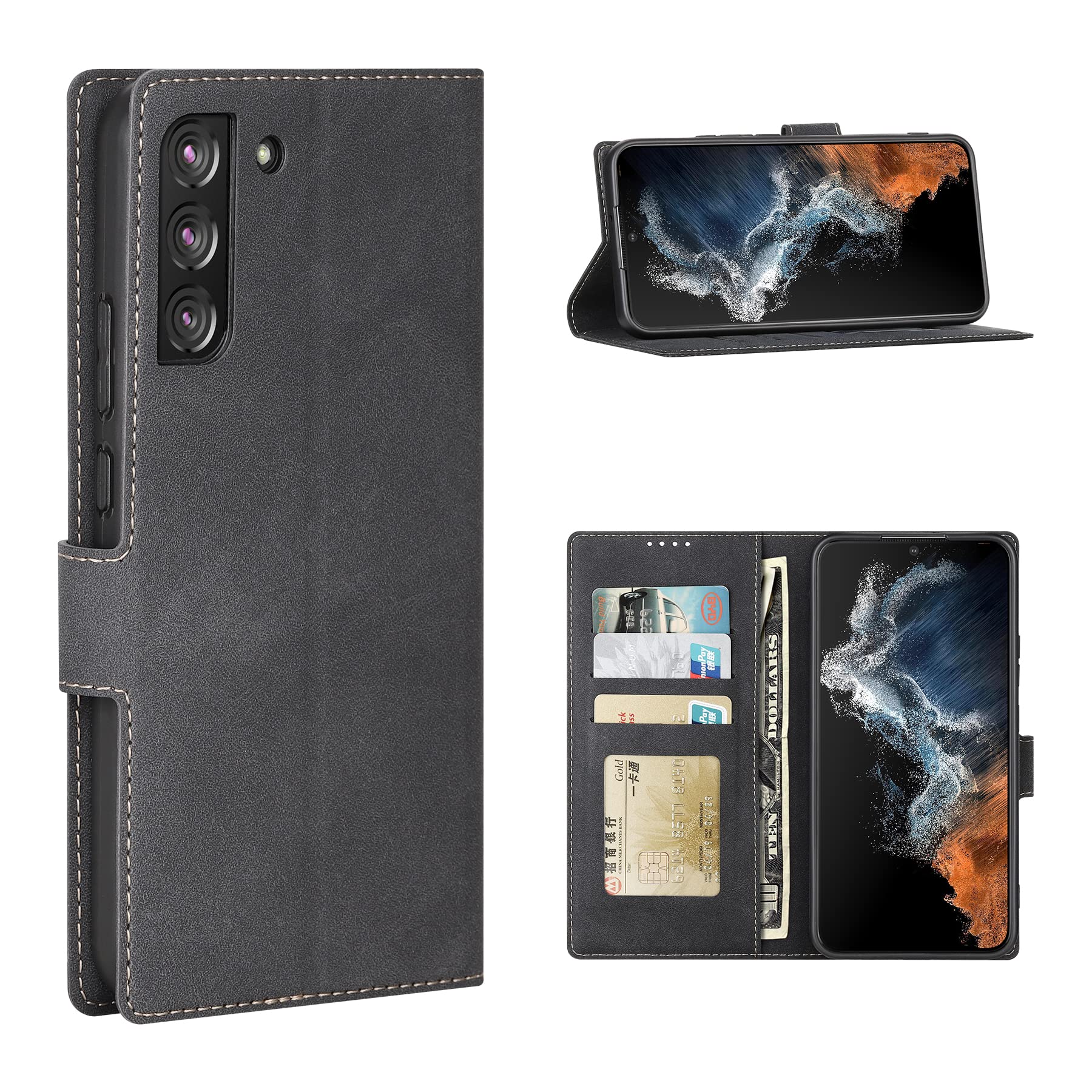 Feitennfor Galaxy S22 Plus 5G Case,Slim Folio Cover PU Leather Hard Plastic Bumper Shockproof Durable Defender Phone Case for Samsung Galaxy S22 Plus 2022 (Black)